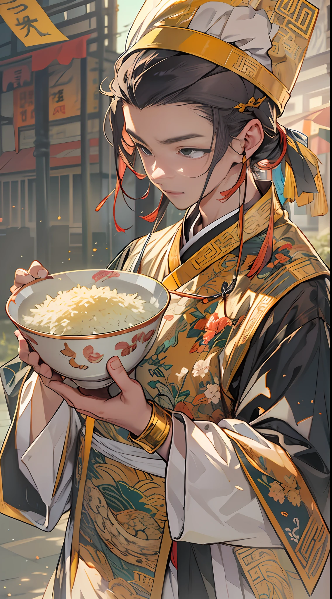 A Chinese man dressed as a chef holds a bowl of rice,A style with anime aesthetics,Gold and amber,streetview,Fairy tale scholar,Luminous quality,intense close-ups,Meticulous,32K,best qualtiy,tmasterpiece,Hyper-detailing,high detal