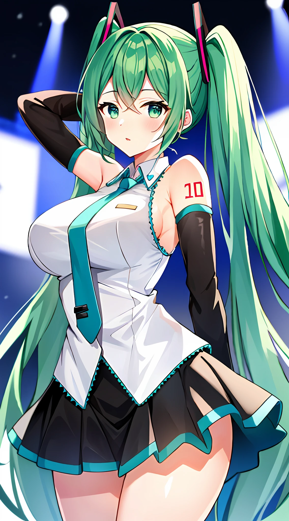 Big breasts Hatsune Miku，Electronic singer，Green hair，bare shoulders​，a black skirt，black sleeve，(White color blouse)，8K，A high resolution，Green eyes，Concert background，At the concert site，Only beautiful thighs are exposed，The clothes are white，The number for the big arm is 01，Shiny background，There is a tie to wear，Pose in a way that a girl would pose，High quality hair，The eyes of the anime heroine，Ultra-high detail eyes