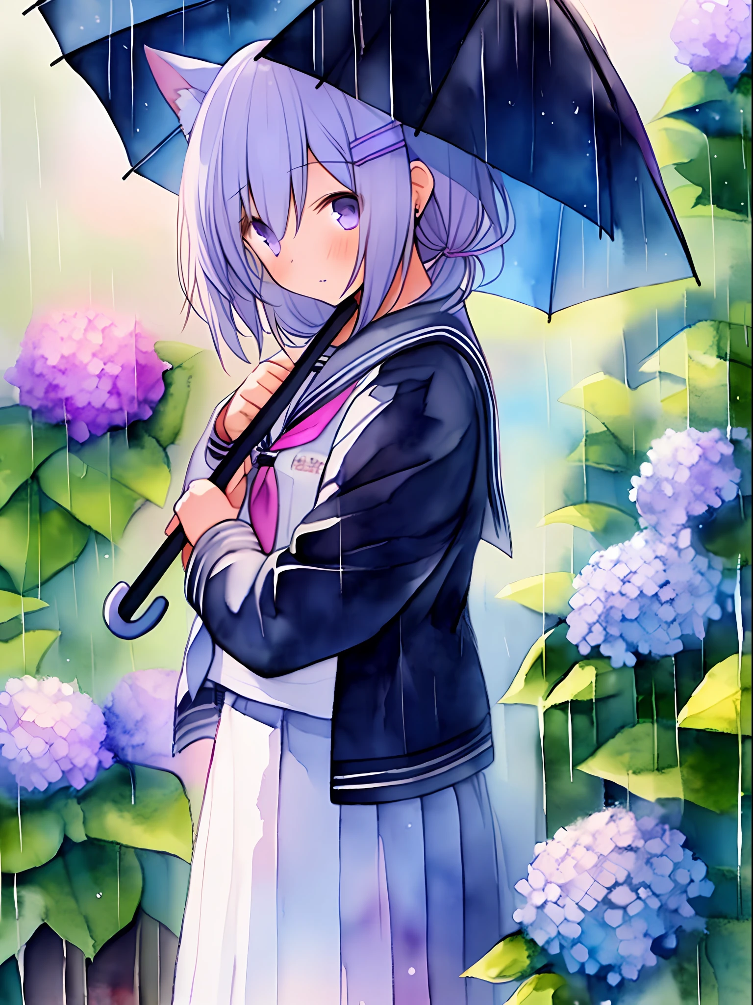 A girl high school student with cat ears and a cute atmosphere is depicted in a watercolor painting. The painting features a rainy day, a colorful umbrella, and a purple hydrangea. The color scheme is pastel.((seifuku))