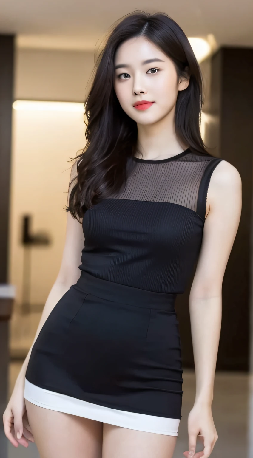 A girl of about 28 years old,simplicity,Extremely beautiful and delicate,(light make-up),Black color hair,A sweet smile,Delicate and beautiful fair skin,Realistic and realistic,exquisite and complete facial features,Detailed depiction of the face,tall nose bridge,Red lips,Beautiful, gentle and beautiful girl,Smooth hair,extremely detail hair,Feminine temperament,Fill your face light,hyper realisitc,photorealestic,8K quality,extremy detailed,Realistic details,Works of masters,Realistic to the extreme,big breasts body,Beautiful,Pure desire,Stunning beauty,Peerless beauty,Highest image quality,8K分辨率,goddes,ssmile,Fine facial features,Hair over the shoulder,A brown-haired,Large long thick legs,(((High-waisted French top))),(((short skirt))),rays of sunshine,facing at camera,The body is well-proportioned and firm,Gentle eyes,Exposing thighs,stand posture,Stand inside the mall,Full body photo