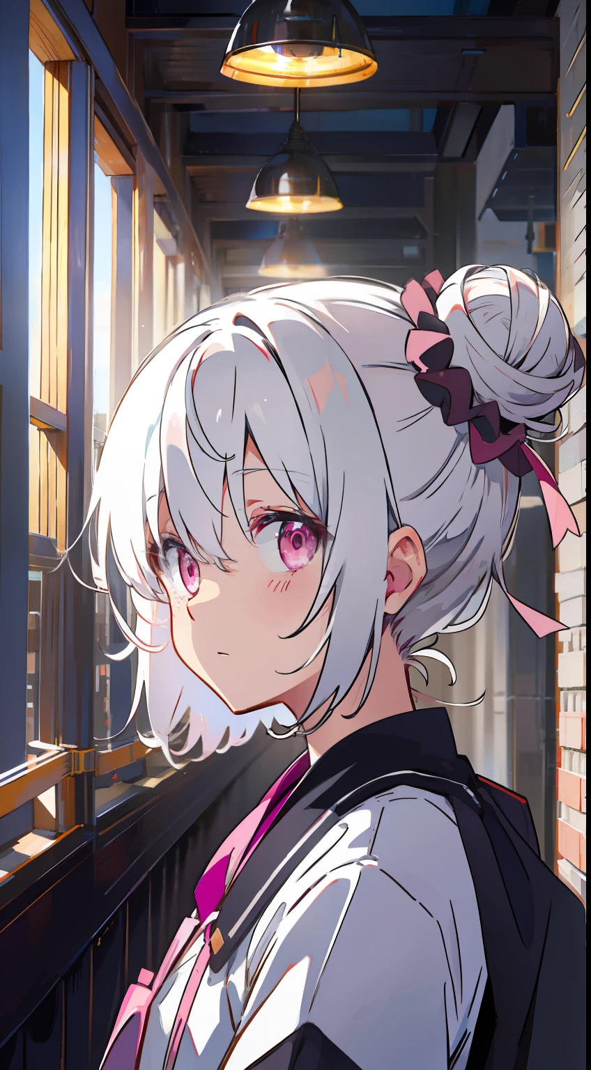 white hair、Pink eyes、Bun hair、masterpiece、top-quality、Top image quality、cute little、Plain clothe、lecture