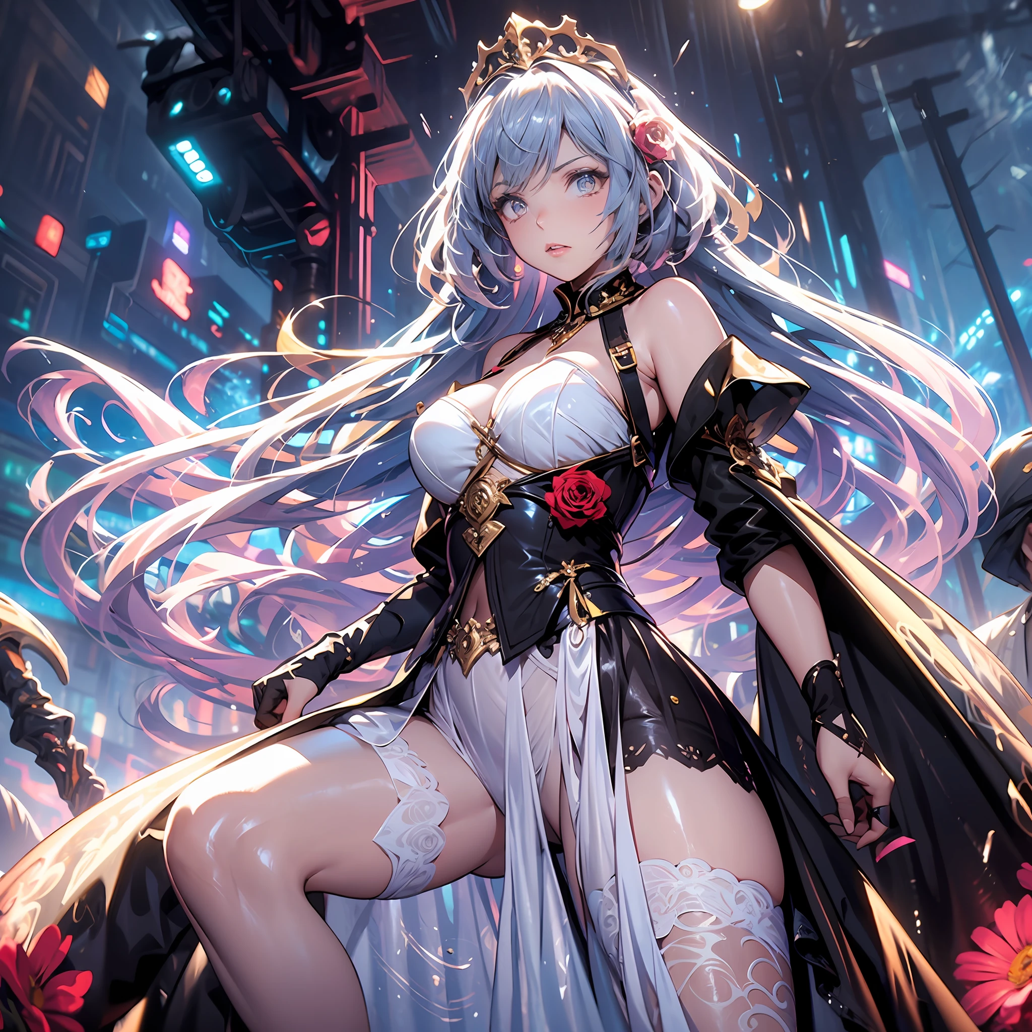 Princess girl tailors wedding dress, Her serious expression, And the fighting stance fell on her different pupils in the flower field