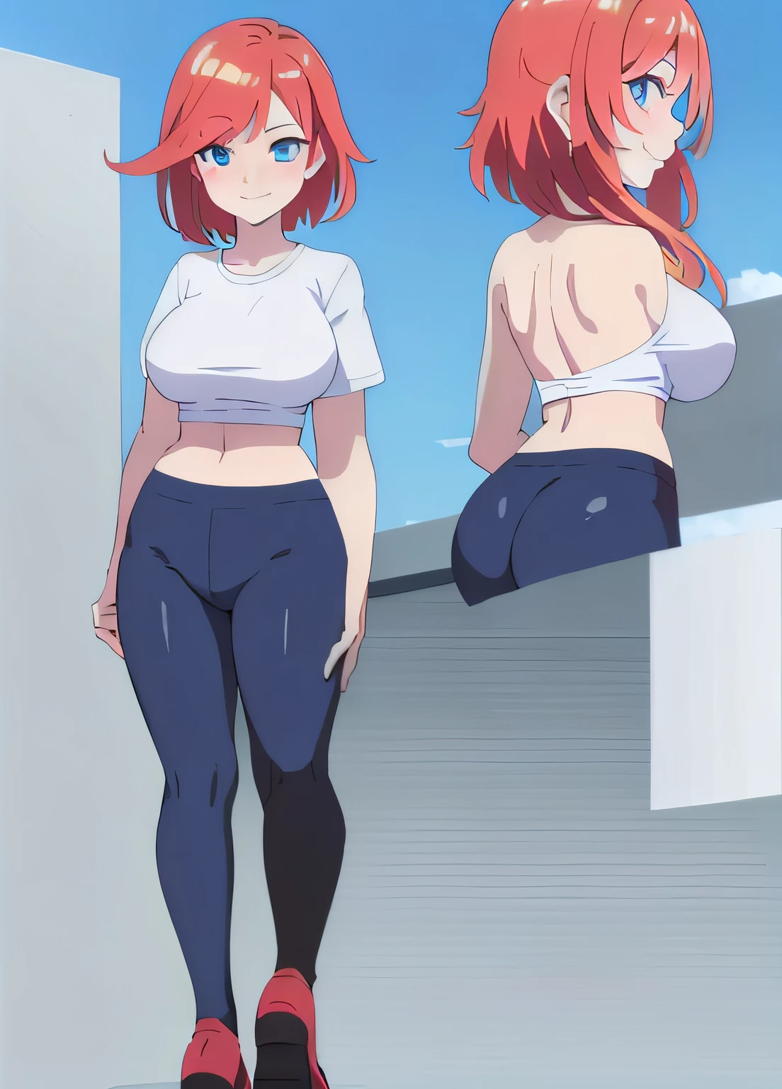 (high quality), A character turnaround of a girl, (hotify:1.2),27 years old,reference sheet, (character design, front, back, side) tall,red_hair,short hair, detailed hair, smile,white shirt,only shirt,short shirt, big breasts, (wide hips:1.2), blue leggings, body tight leggings, perfect eyes, blue eyes and detailed,detailed eyes, bare navel, free hands, intricate details, best quality,1girl,ultra high res, full body, multiple views of the character in the same outfit, simple background, white background,