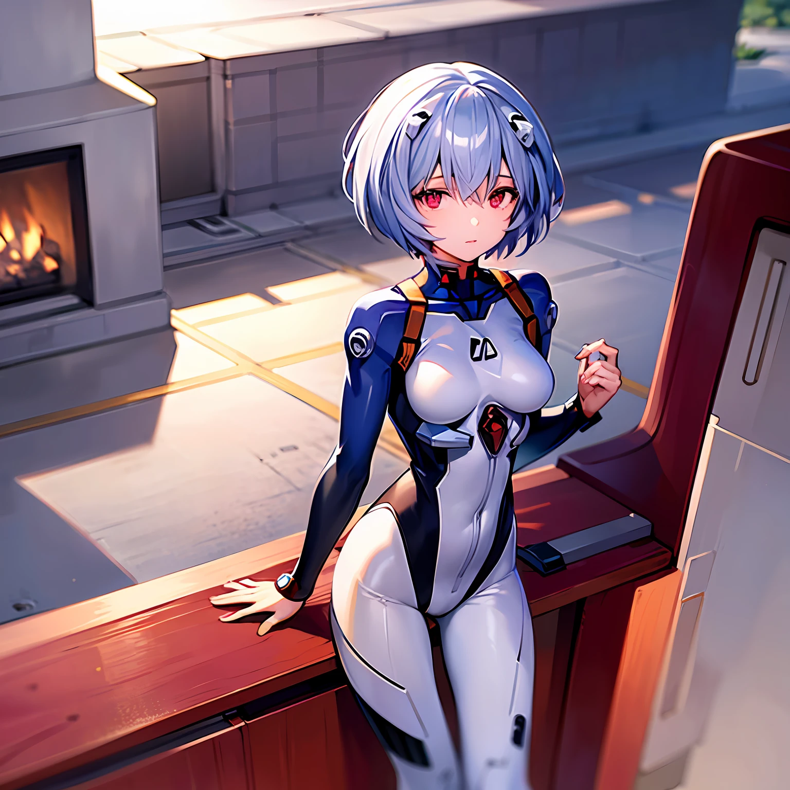 ((master piece)),best quality, illustration,  beautiful detailed eyes, beautiful detailed hair, floating hair, 1girl, Ayanami, short hair, expressionless, skinny,  solo, turtleneck, bodysuit, mecha, city, park,