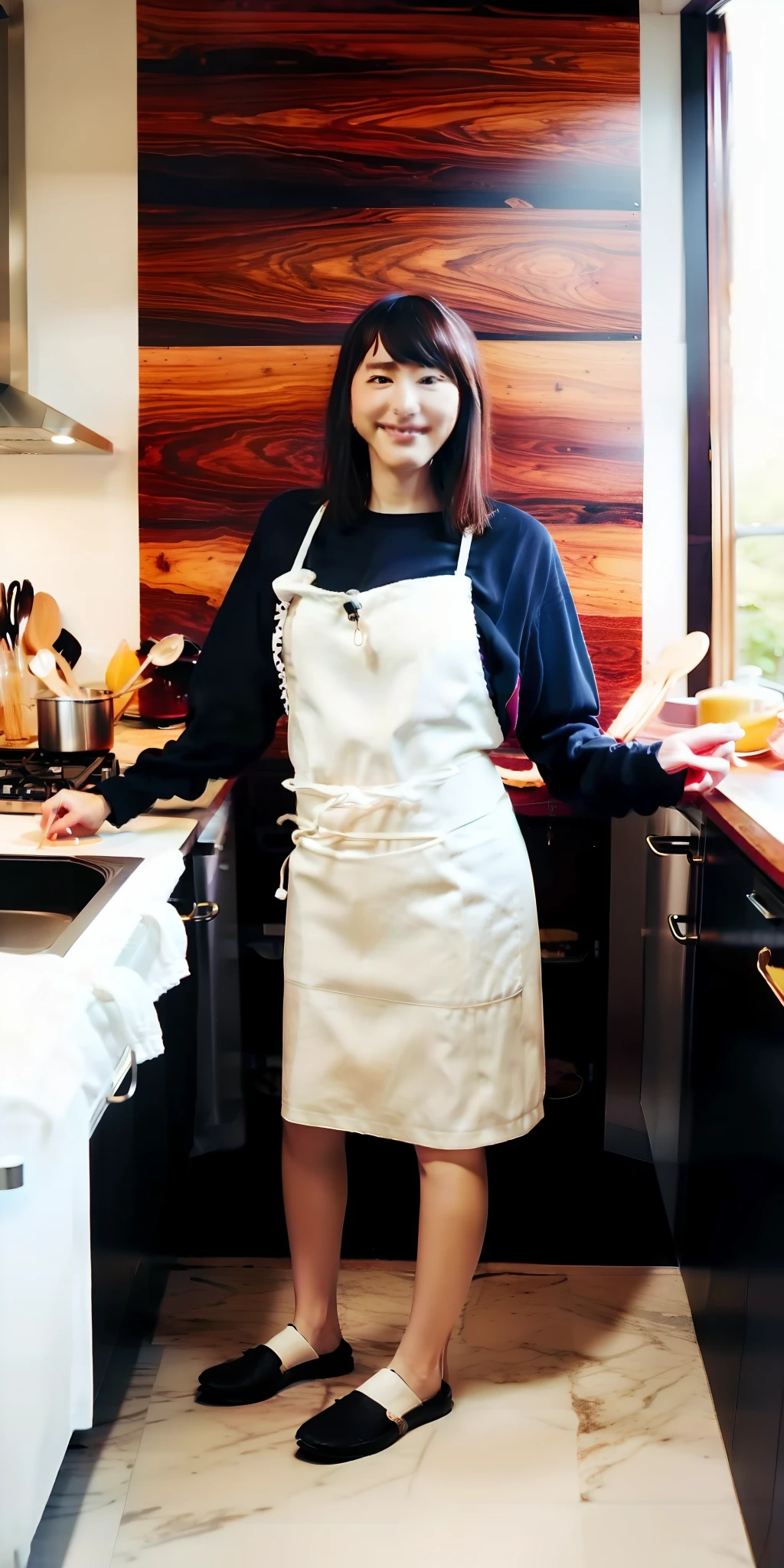 Best quality,Highly detailed,Masterpiece,Ultra-detailed,illustration,超高分辨率, (Photorealistic:1.4,8K),Kitchen,1girll,Expose cute breasts without underwear,(aprons, ),day,grin, face,Black hair,Clear face,Little white socks,