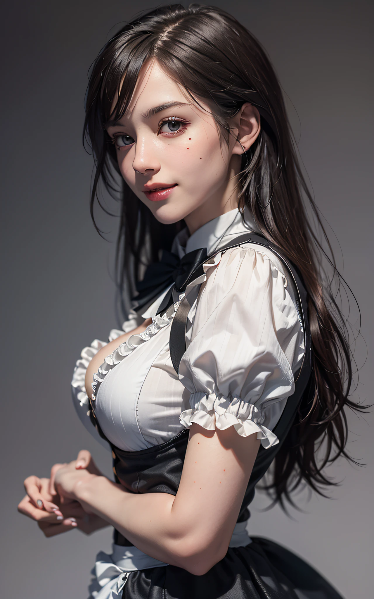 (8K, Raw photo, Best Quality, masutepiece:1.2), high-definition RAW color photography, professional photograpy, cowboyshot, (Realistic, photographrealistic:1.37), ((Best Quality)), 24-year-old woman, Cinematic Light, (finerly detailed face:1.2), (masutepiece:1.5), (Best Quality:1.2), (Mole:1), (Smiling:1.1), (Looking at Viewer:1.2), bowtie, (Detailed Maid:1.2), From Side, Large breasts