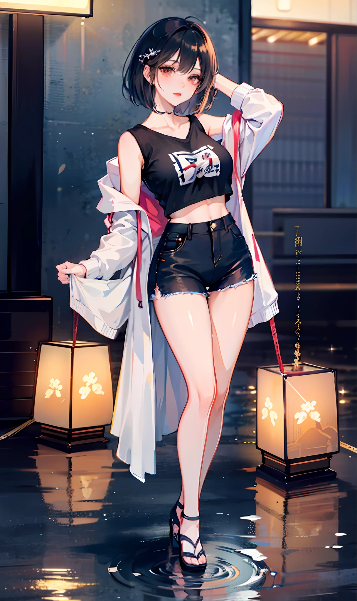 Beautuful Women、Female height 172 cm、(masterpiece))、top-quality、high-level image quality、ultra-detailliert、ighly detailed、face perfect、((独奏))、g-cup、large full breasts、big butts、Beautiful waist、a short bob、Sunglasses on the head、Hair is black and orange、Blue pupil、fullbody image、sexual excitement、My whole body is wet、((((((Casual clothing))))))、very highly detailed breasts、Very detailed ass、extremely detailed fingers、Highly detailed thighs、extremely detailed eye、Stuffiness、Torogao、Realistic moisturized skin、(soaked body:1.3)、(erotick)、beatiful backgrounds、((Background Japan Tokyo))、(Black hoodie)、shoes