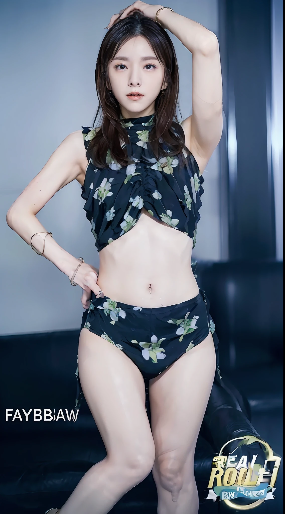 1 girl in(8K、Raw photography、top-quality、masterpiece:1.2)、(realisitic、realisitic:1.37)、ultra-detailliert、longshot、FULL BODYSHOT、recording studio、(((highleg)))、realistic eyes and face details、natural skin textures、(((thighs thighs thighs thighs、beauty legs、abdominals、a navel)))、Fair skin、A detailed face、真实感、Realistic background、Realistic lighting、sexypose、Sweaty skin