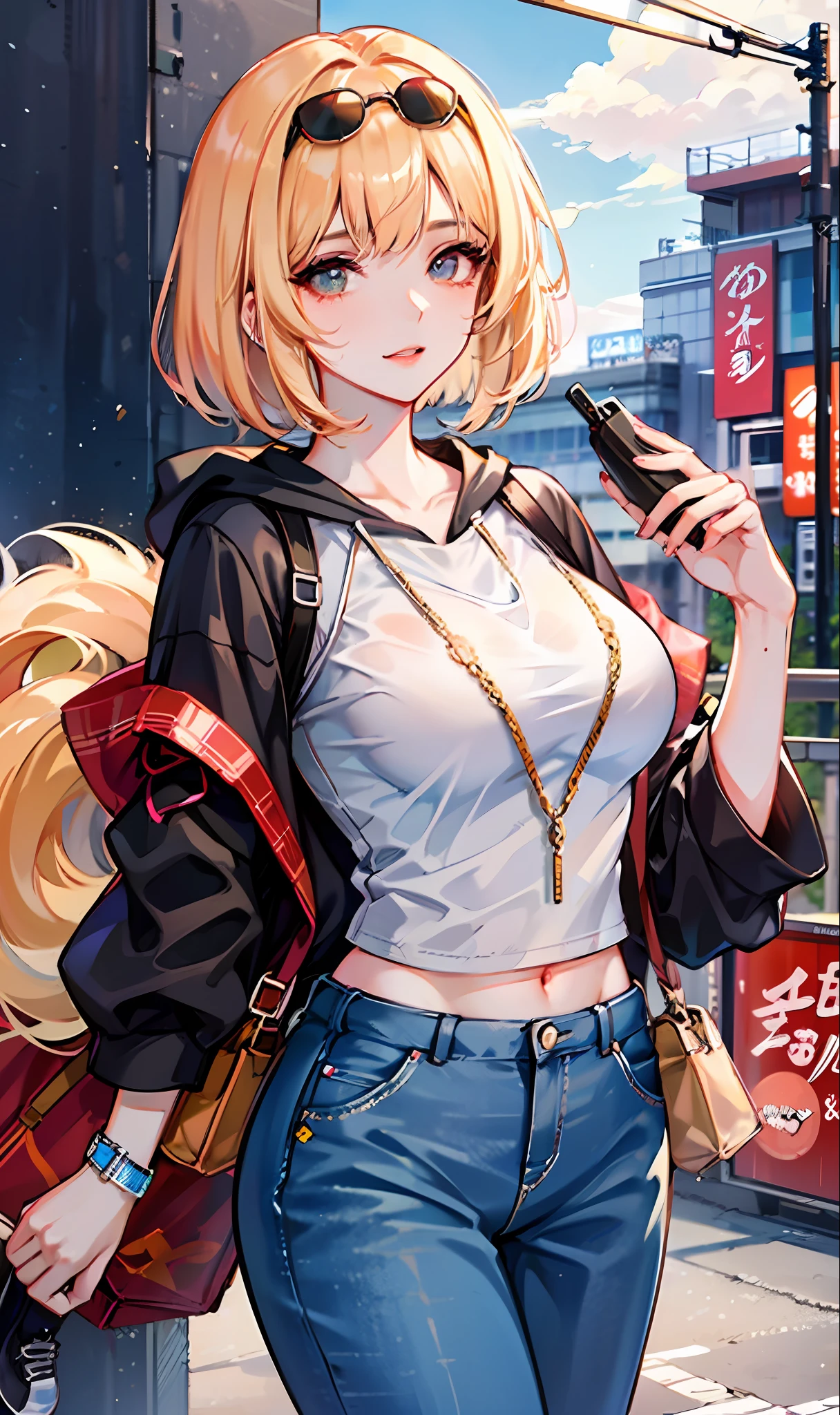((独奏))、Beautuful Women、Female height 162 cm、(masterpiece))、top-quality、high-level image quality、ultra-detailliert、ighly detailed、face perfect、g-cup、large full breasts、Big ass、Beautiful waist、a short bob、Sunglasses on the head、Hair is two-tone orange and black、Blue pupil、fullbody image、sexual excitement、My whole body is wet、((((((Casual clothing))))))、dressed casually)、very highly detailed breasts、detailed buttocks、Detailed finger、Stuffiness、Torogao、Realistic moisturized skin、(soaked body:1.3)、Eye of Detail、erotick、beatiful backgrounds、((Background Japan Tokyo))、(Black hoodie)、shoes