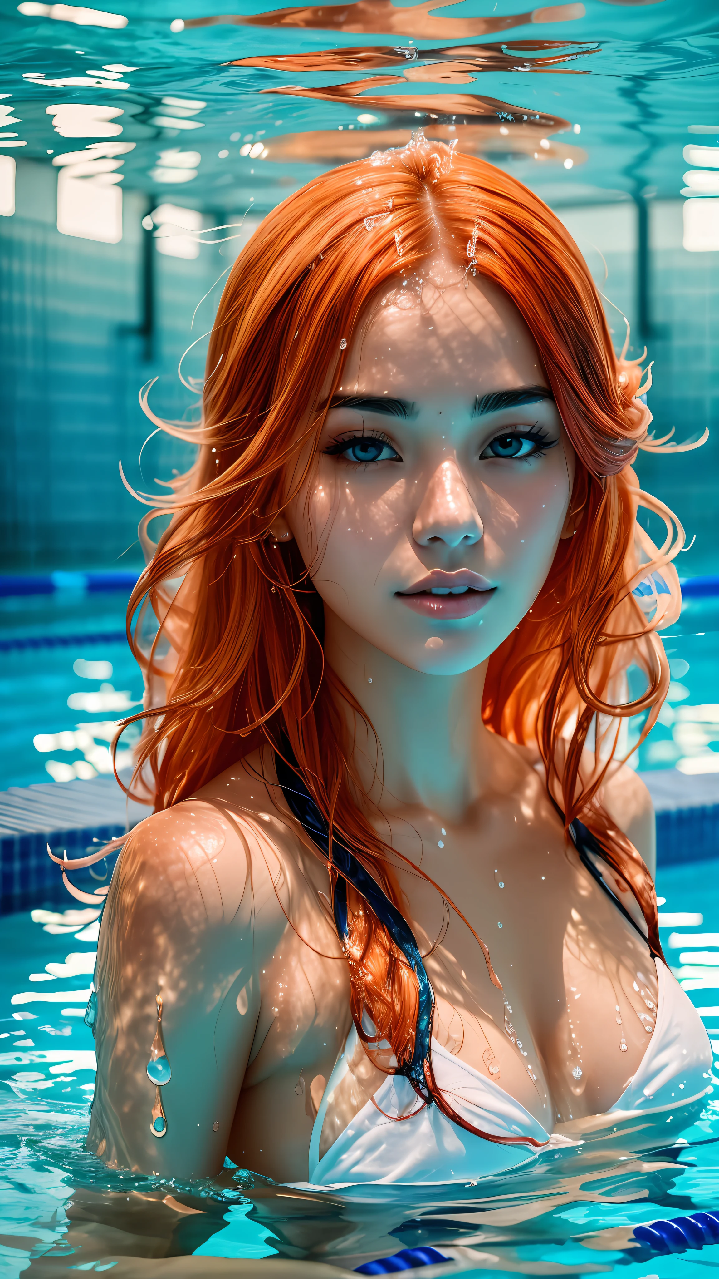 Portrait of a gorgeous 26 years old nature princess with golden tan skin, long red-orange and blue laced hair, captured beside a swimming pool, abstract expressionism and brought to life with a futuristic sci-fi inspired technology. Sensual perfect wet body, reflecting design, perfectly adding complexity and dimension to the image, white sheets floating around