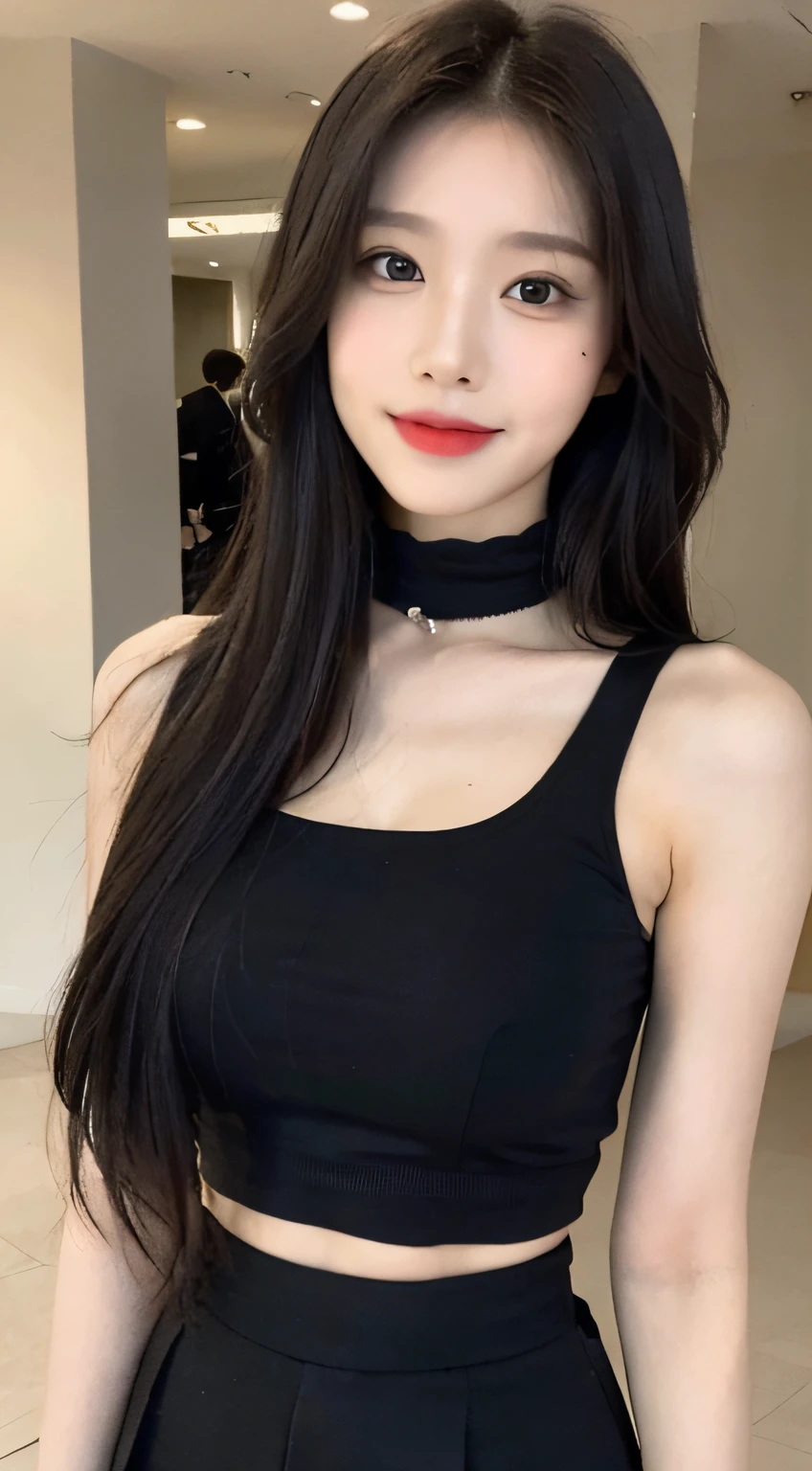 A girl of about 29 years old,simplicity,Extremely beautiful and delicate,(light make-up),Black color hair,A sweet smile,Delicate and beautiful fair skin,Realistic and realistic,exquisite and complete facial features,Detailed depiction of the face,tall nose bridge,Red lips,Beautiful, gentle and beautiful girl,Smooth hair,extremely detail hair,Feminine temperament,Fill your face light,hyper realisitc,photorealestic,8K quality,extremy detailed,Realistic details,Works of masters,Realistic to the extreme,big breasts body,Beautiful,Pure desire,Stunning beauty,Peerless beauty,Highest image quality,8K分辨率,goddes,ssmile,Fine facial features,Hair over the shoulder,A brown-haired,Large long thick legs,(((High-waisted French top))),(((short skirt))),rays of sunshine,facing at camera,The body is well-proportioned and firm,Gentle eyes,Exposing thighs,stand posture,Stand inside the mall,Full body photo
