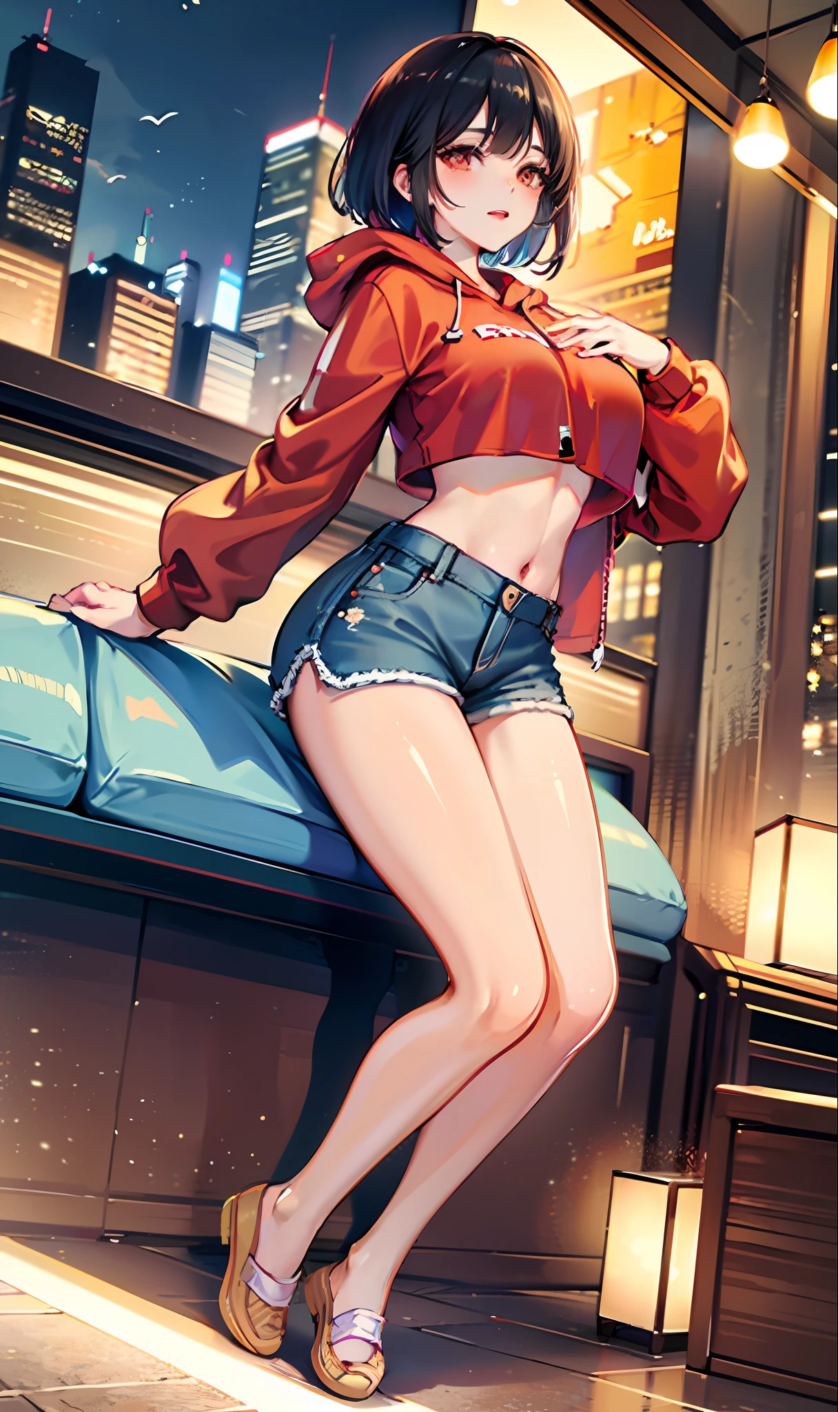 Beautuful Women、(​masterpiece))、top-quality、high-level image quality、g-cup、ultra-detailliert、ighly detailed、face perfect、((独奏))、large full breasts、big butts、Beautiful waist、a short bob、beatiful backgrounds、Hair is two-tone orange and black、Blue pupil、fullbody image、red blush、sexual excitement、My whole body is wet、modern technology、very highly detailed breasts、detailed buttocks、Detailed finger、Stuffiness、Torogao、Realistic moisturized skin、(soaked body:1.3)、Eye of Detail、erotick、Sheer are visible、(((Casual Costumes, HIPPHOP, Midriff, Denim shorts, cropped hoodie、Pantyhose under shorts, espadrilles,)))、城市、jpn、TOKYOcty