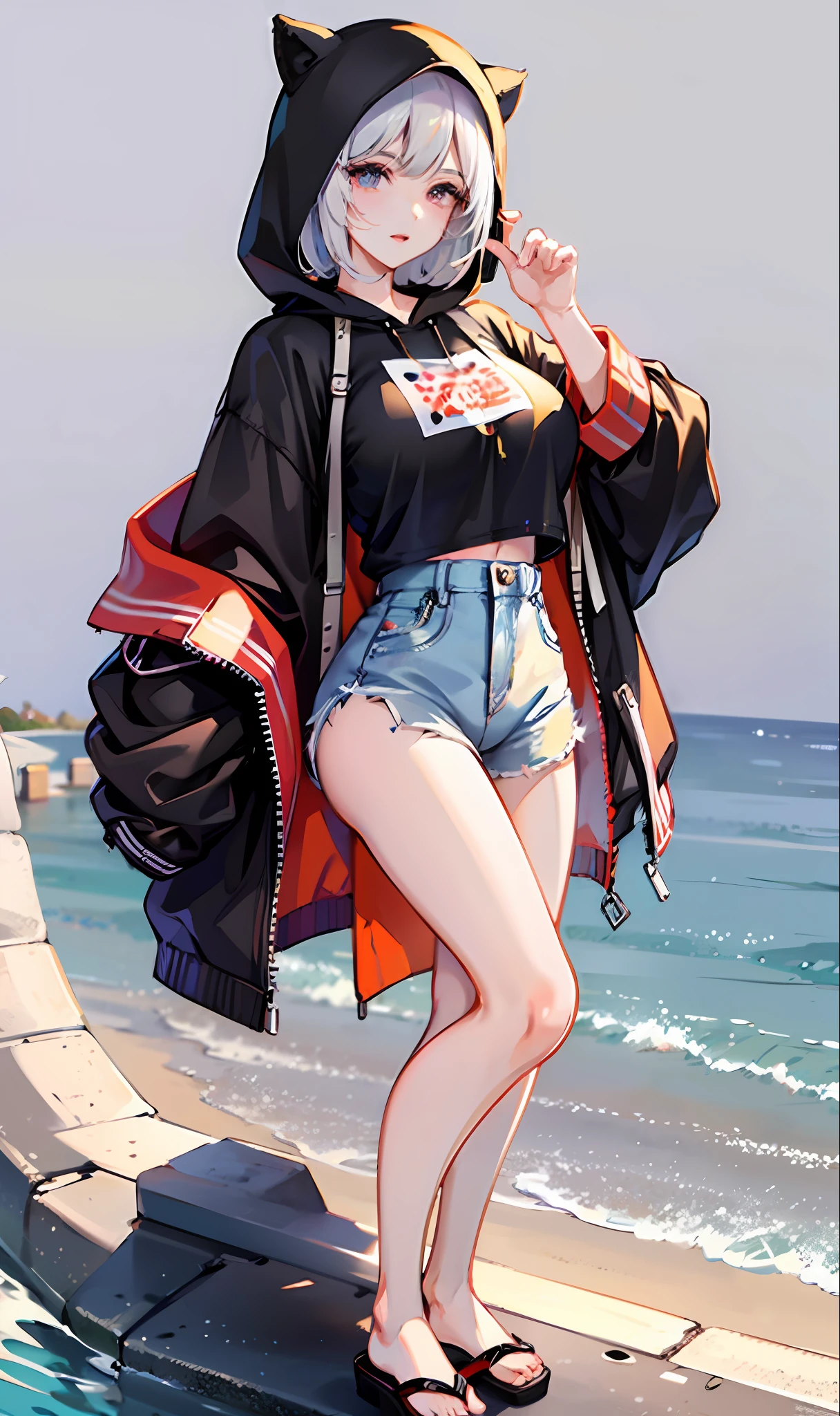 Beautuful Women、Female height 162 cm、(masterpiece))、top-quality、high-level image quality、g-cup、ultra-detailliert、ighly detailed、face perfect、((独奏))、large full breasts、big butts、Beautiful waist、a short bob、Sunglasses on the head、Hair is two-tone orange and black、Blue pupil、fullbody image、sexual excitement、My whole body is wet、Casual clothing、((((((Casual clothing))))))、dressed casually)、very highly detailed breasts、detailed buttocks、Detailed finger、Stuffiness、Torogao、Realistic moisturized skin、(soaked body:1.3)、Eye of Detail、erotick、beatiful backgrounds、((Background Japan Tokyo))、(Black hoodie)、shoes