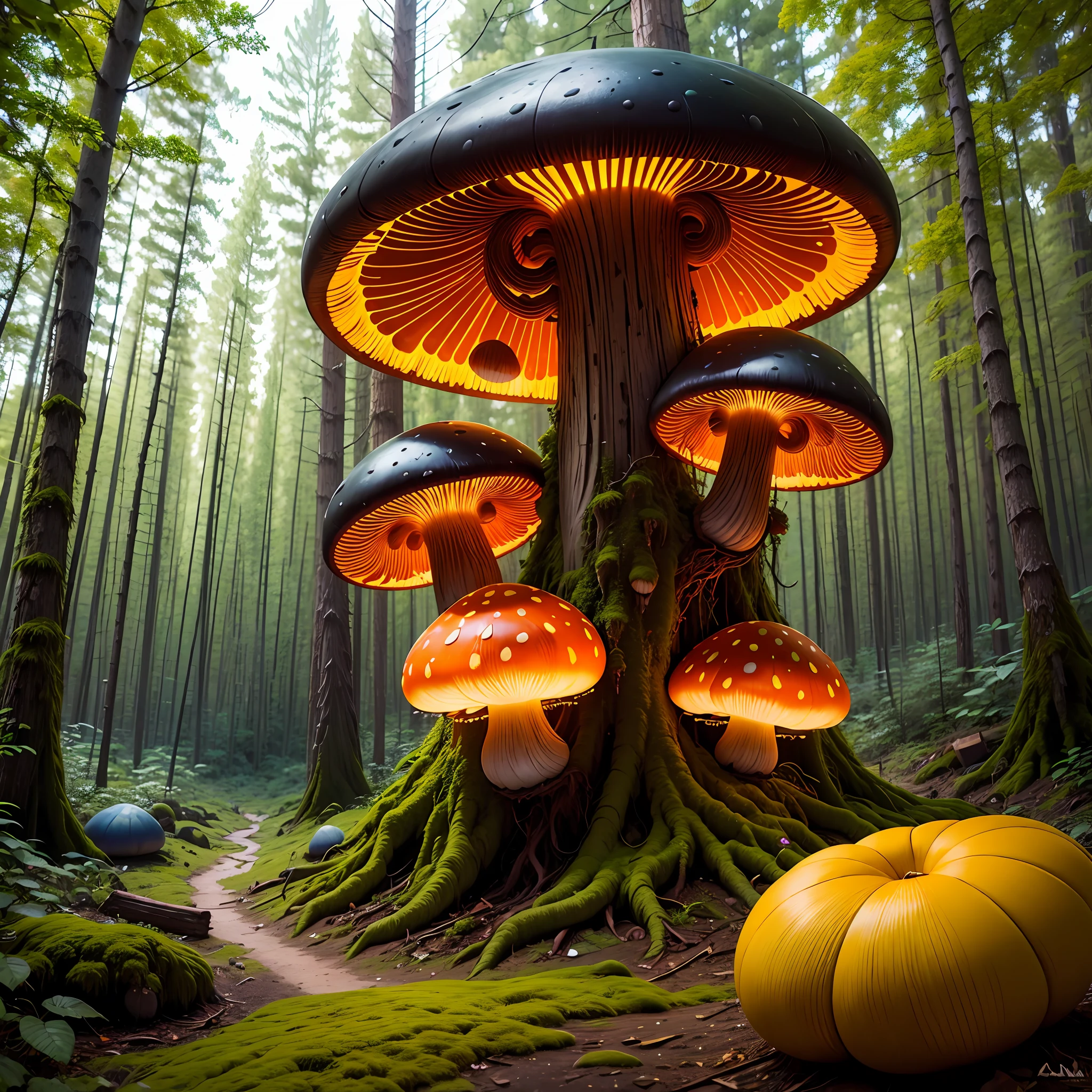 Side view of huge fluorescent mushroons in the colorful forest, extremamente realista, ultra hd, 8k --auto