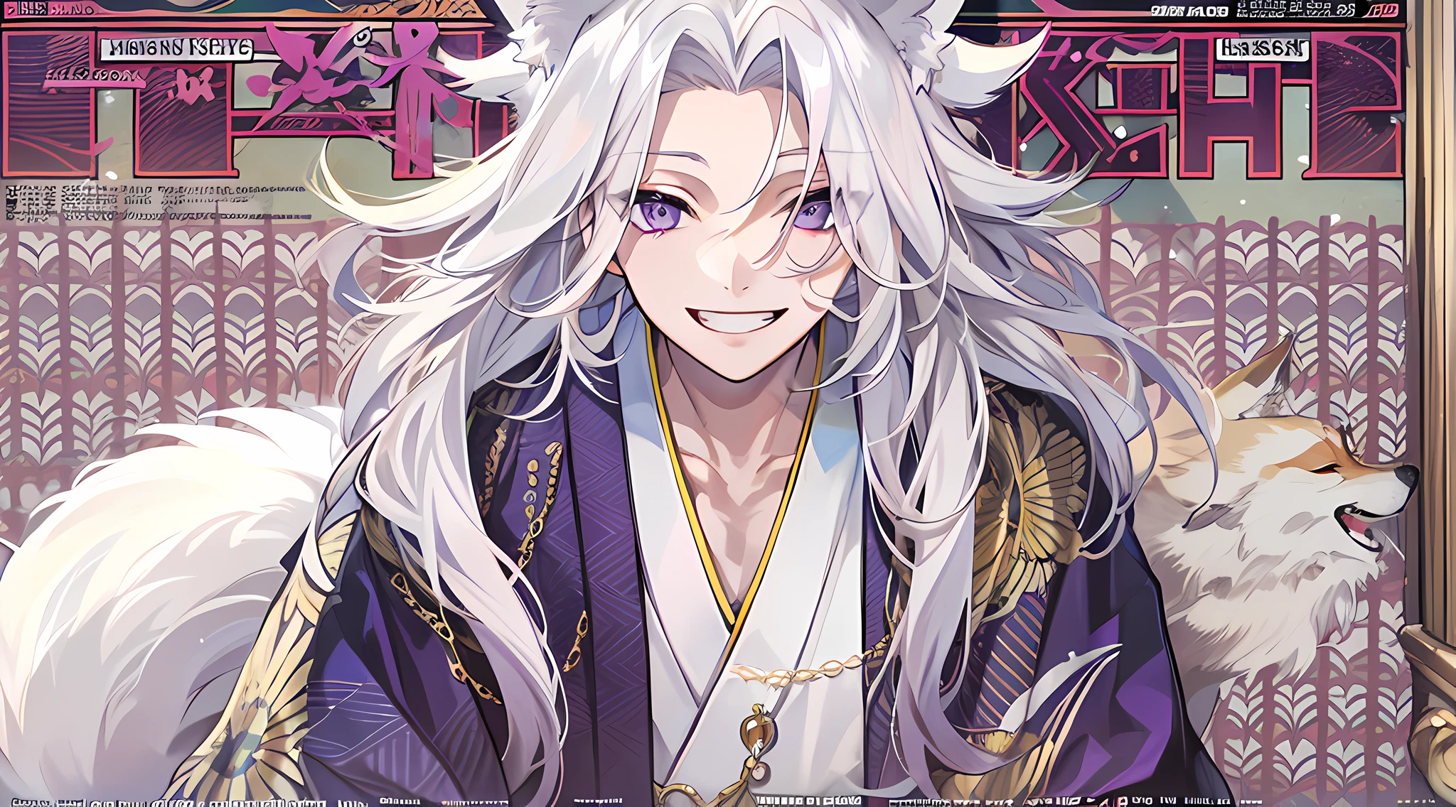Tall guy, long white hair, fox ears, purple eyes, open kimono, open chest, chains, smile, masterpiece, high quality, (magazine:1.3), (cover-style:1.3)