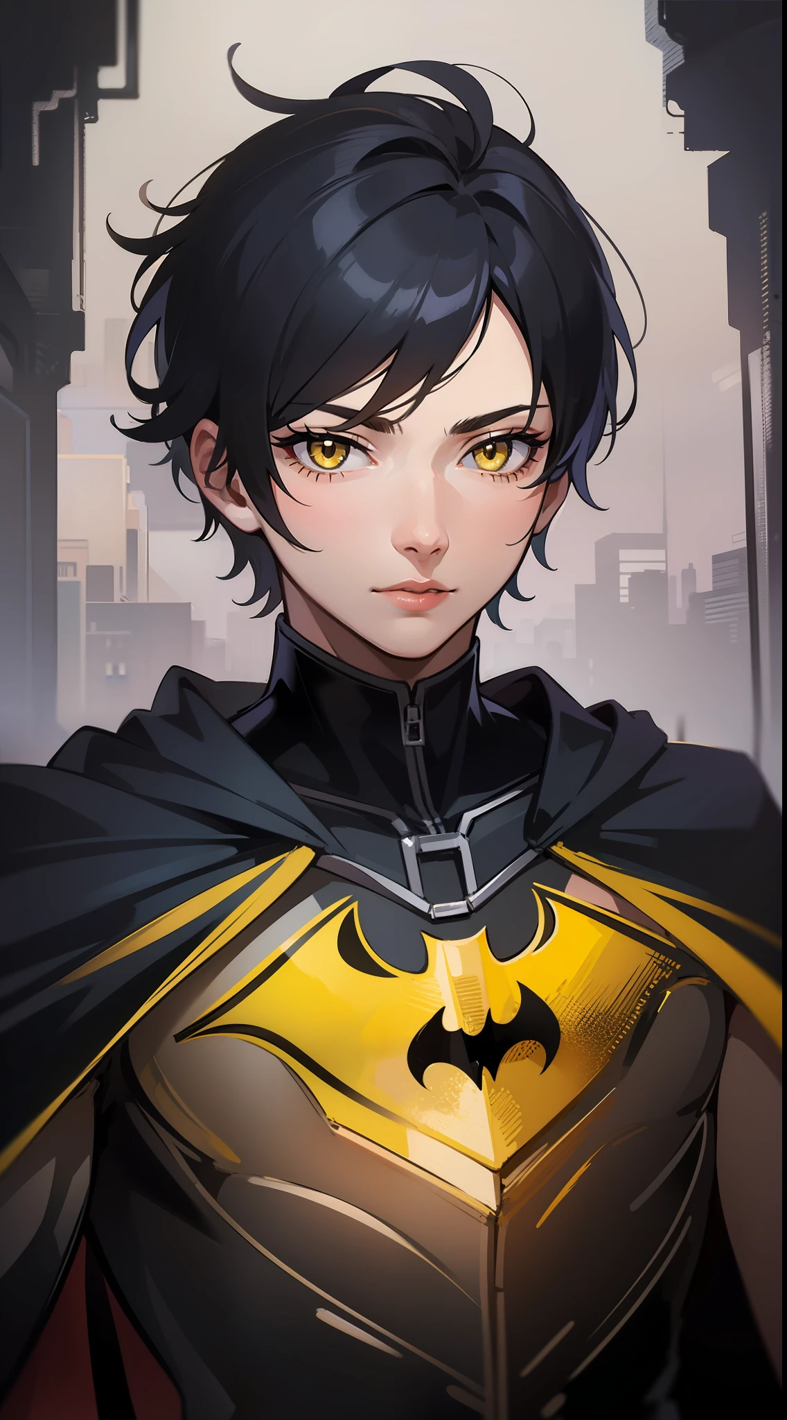 Young guy, short black hair, Yellow eyes, Batman, Masterpiece, hiquality