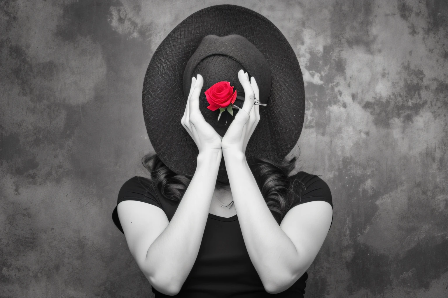 arafed woman in a black hat covering her face with a flower, holding a rose, selective color effect, holding a red rose, by Lucia Peka, flowers covering eyes, pixabay contest winner, girl with a flower head, holding a flower, hat covering eyes, grayscale photo with red dress, red selective coloring, holding a rose in a hand --auto