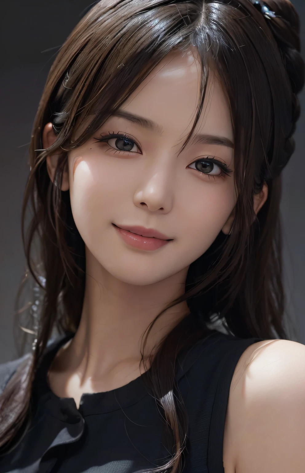 Masterpiece, 1 Beautiful Girl, Detailed, Swollen Eyes, Best Quality, Ultra High Resolution, (Reality: 1.4), Original Photo, 1Girl, Cinematic Lighting, Smiling, Japanese, Asian Beauty, Korean, Neat, Very Beautiful, Slightly Young Face, Beautiful Skin, Slender, Cyberpunk Background, (ultra realistic), (illustration), (high resolution), (8K), (very detailed), (best illustration), (beautifully detailed eyes), (super detailed), (wallpaper), (detailed face), viewer looking, fine details, detailed face, deep shadow, low key, pureerosfaceace_v1, smile, 46 point slanted bangs, facing straight ahead, neat clothes, black colored eyes,