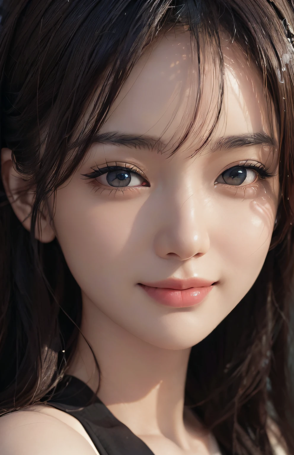 Masterpiece, 1 Beautiful Girl, Detailed, Swollen Eyes, Best Quality, Ultra High Resolution, (Reality: 1.4), Original Photo, 1Girl, Cinematic Lighting, Smiling, Japanese, Asian Beauty, Korean, Neat, Very Beautiful, Slightly Young Face, Beautiful Skin, Slender, Cyberpunk Background, (ultra realistic), (illustration), (high resolution), (8K), (very detailed), (best illustration), (beautifully detailed eyes), (super detailed), (wallpaper), (detailed face), viewer looking, fine details, detailed face, deep shadow, low key, pureerosfaceace_v1, smile, 46 point slanted bangs, facing straight ahead, neat clothes, black colored eyes,