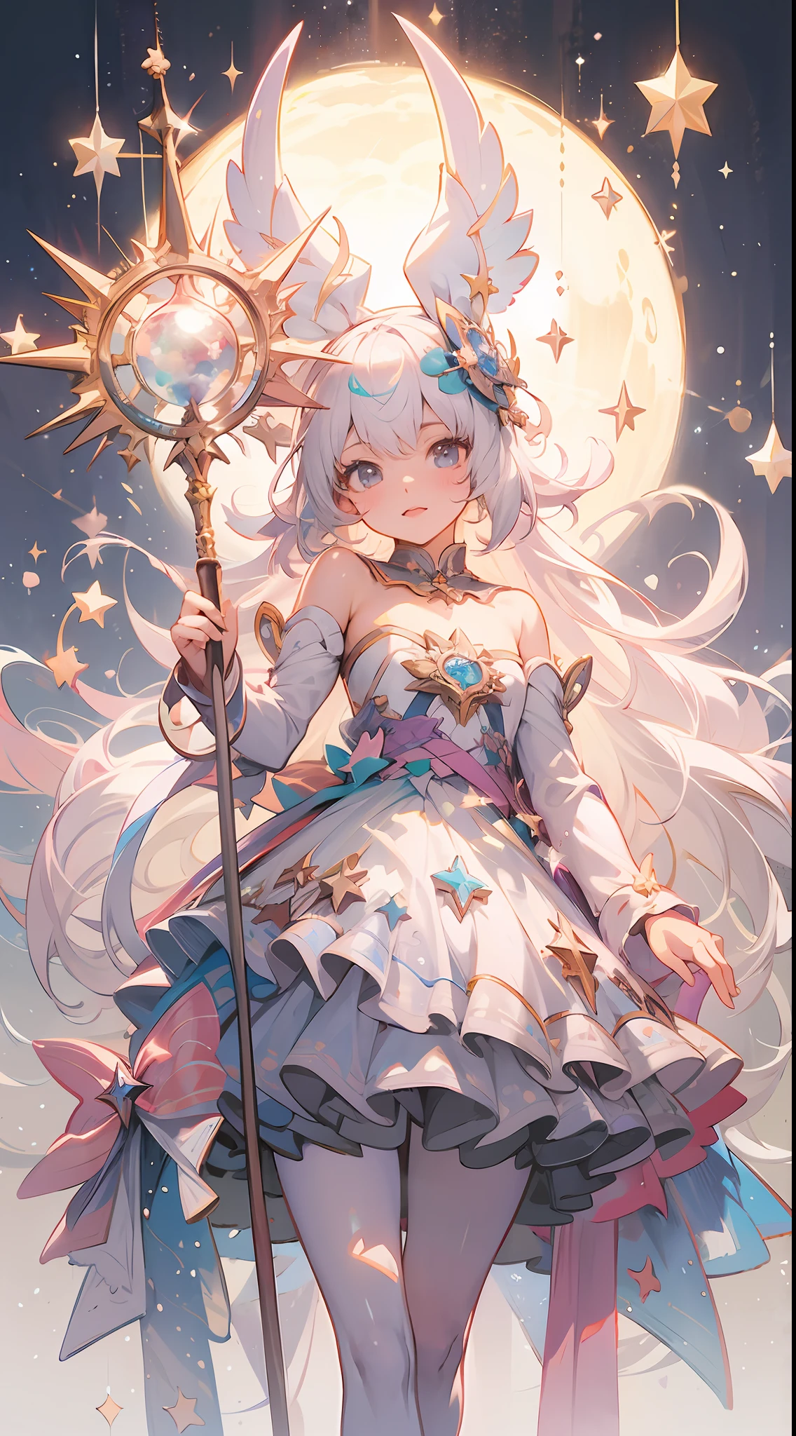 Anime girl with a wand and a star on her head, portrait of the magical girl, sparkling magical girl, splash art anime loli, beautiful celestial mage, Trending on ArtStation pixiv, Cute anime waifu in a nice dress, anime fantasy illustration, magical little girl, high detailed official artwork, guweiz on pixiv artstation, cushart krenz key art feminine