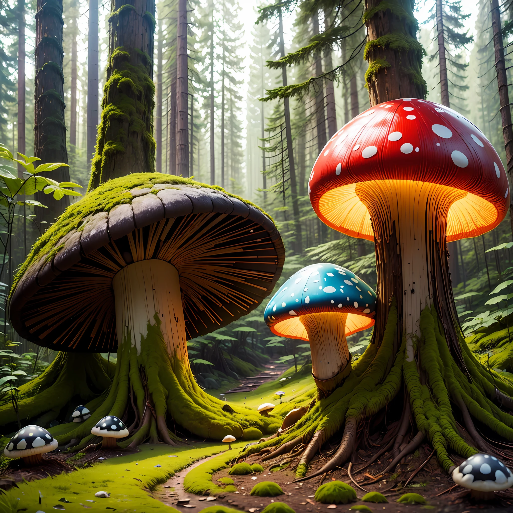 Side view of huge fluorescent mushroons in the colorful forest, extremamente realista, ultra hd, 8k --auto