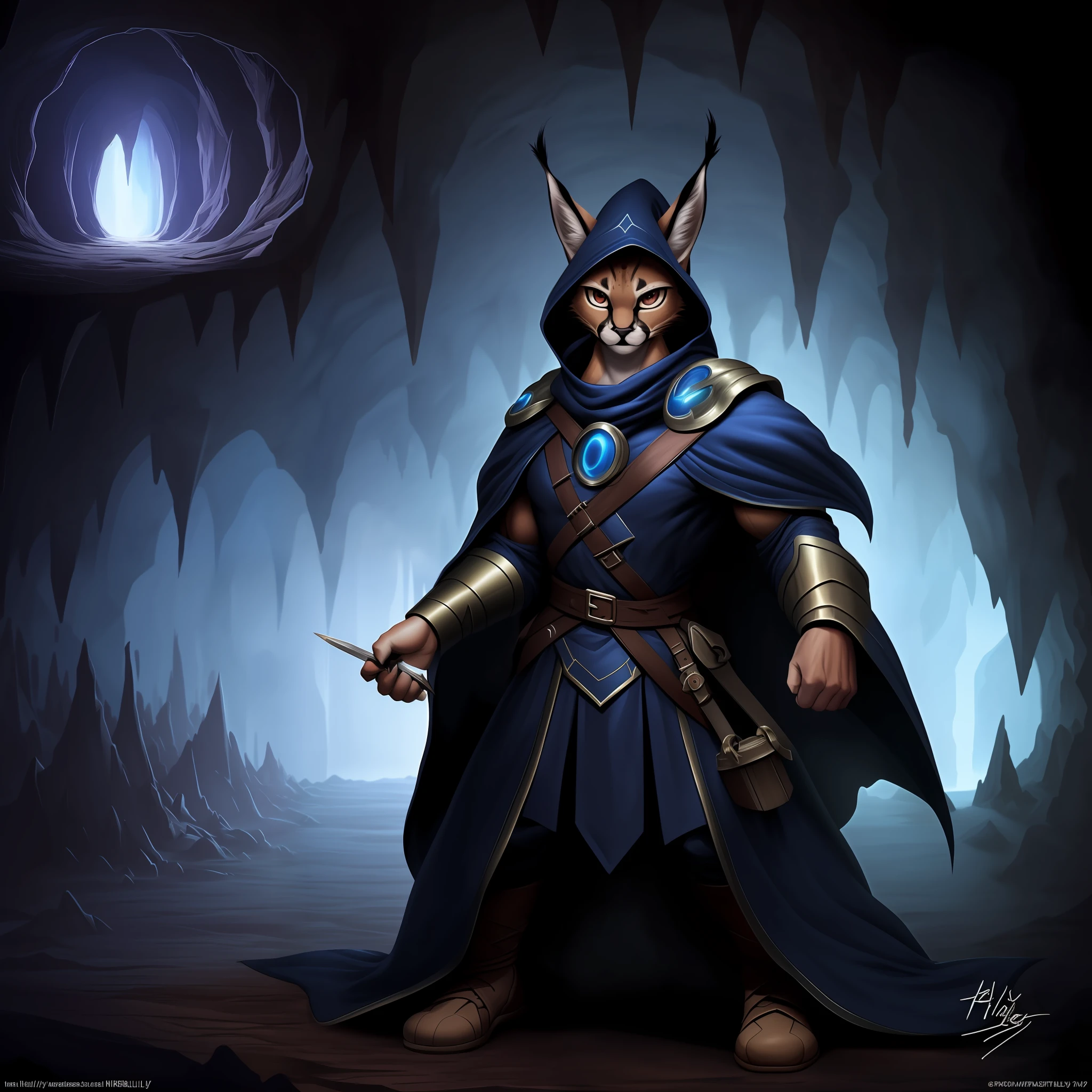 ((Furry is a caracal character, dressed as a battle mage in a dark cave.)) muscled body. brooding. higly detailed. tmasterpiece, work of art, hiquality. soft colors. Blur the background slightly. 8K, HDR