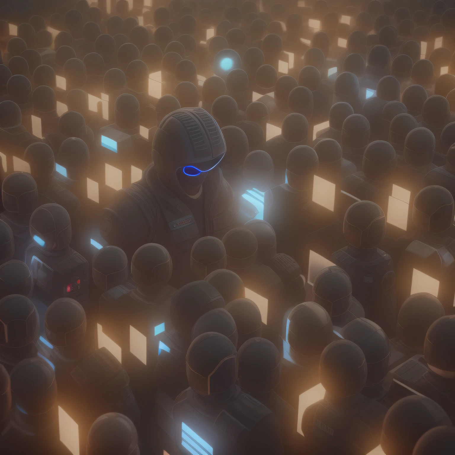 8K UHD, Original photo from DSLR, Photorealistic, ultra realisic, Cinematic Lightning, high detailed, High Quality , There are a lot of people standing in a room with lots of lighting, Crowds of Android, A large crowd of androids, 3 d render beeple, Beeple. octan render, style of : Beeple's Hybrid Mix, Connection with glowing tube 8K, beeple style, Beeple!!, digital art, digital art, Cinematic Beeple, A figure shining in the distance