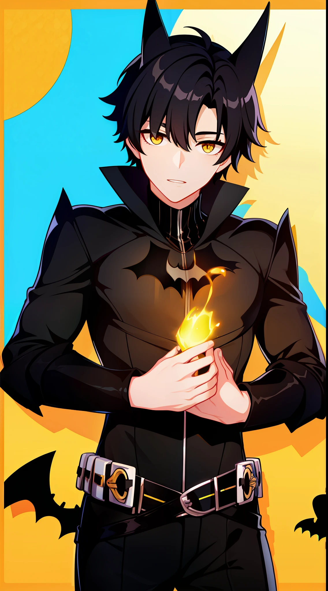 Young guy, short black hair, Yellow eyes, Batman, Masterpiece, hiquality