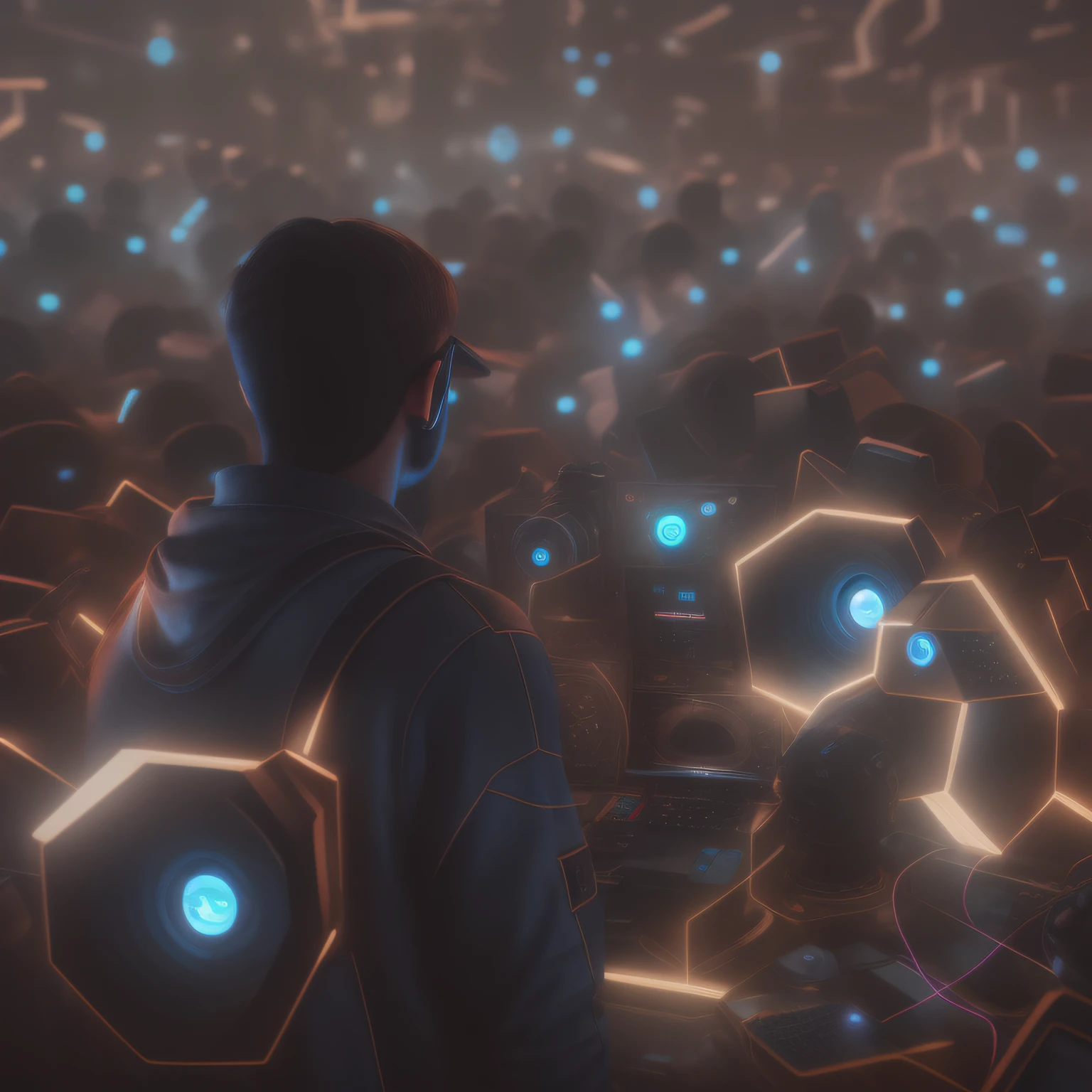 8K UHD, Original photo from DSLR, Photorealistic, ultra realisic, Cinematic Lightning, high detailed, High Quality , There are a lot of people standing in a room with lots of lighting, Crowds of Android, A large crowd of androids, 3 d render beeple, Beeple. octan render, style of : Beeple's Hybrid Mix, Connection with glowing tube 8K, beeple style, Beeple!!, digital art, digital art, Cinematic Beeple, A figure shining in the distance