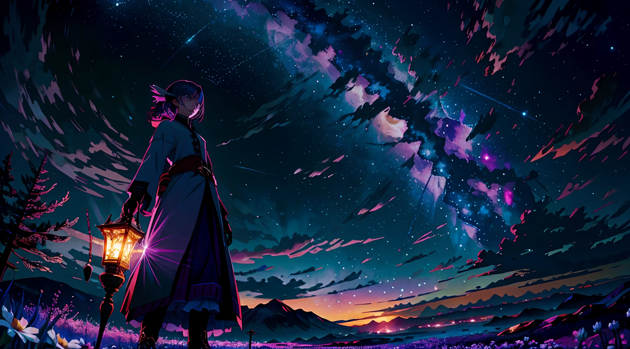 Vast Landscape Photo (view from below with a view of the sky and wilderness below), girl, Standing in a field of flowers and looking up (full moon: 1,2), (shooting star: 0,9), (nebula: 1,3), A Distant Mountain, The Art of Scrap Tree Production, (Warm light source: 1,2), (Firefly: 1,2), lamp, purple and orange, intricate detials, volumetric lighting BREAK (tmasterpiece: 1,2), (topquality), 4k, ultra-detailliert, (Dynamic configuration: 1.4), Highly detailed and colorful details (iridescent: 1.2), (Sparkling lighting, Ambiance Lighting), dreamy, elvish, (独奏: 1.2)
