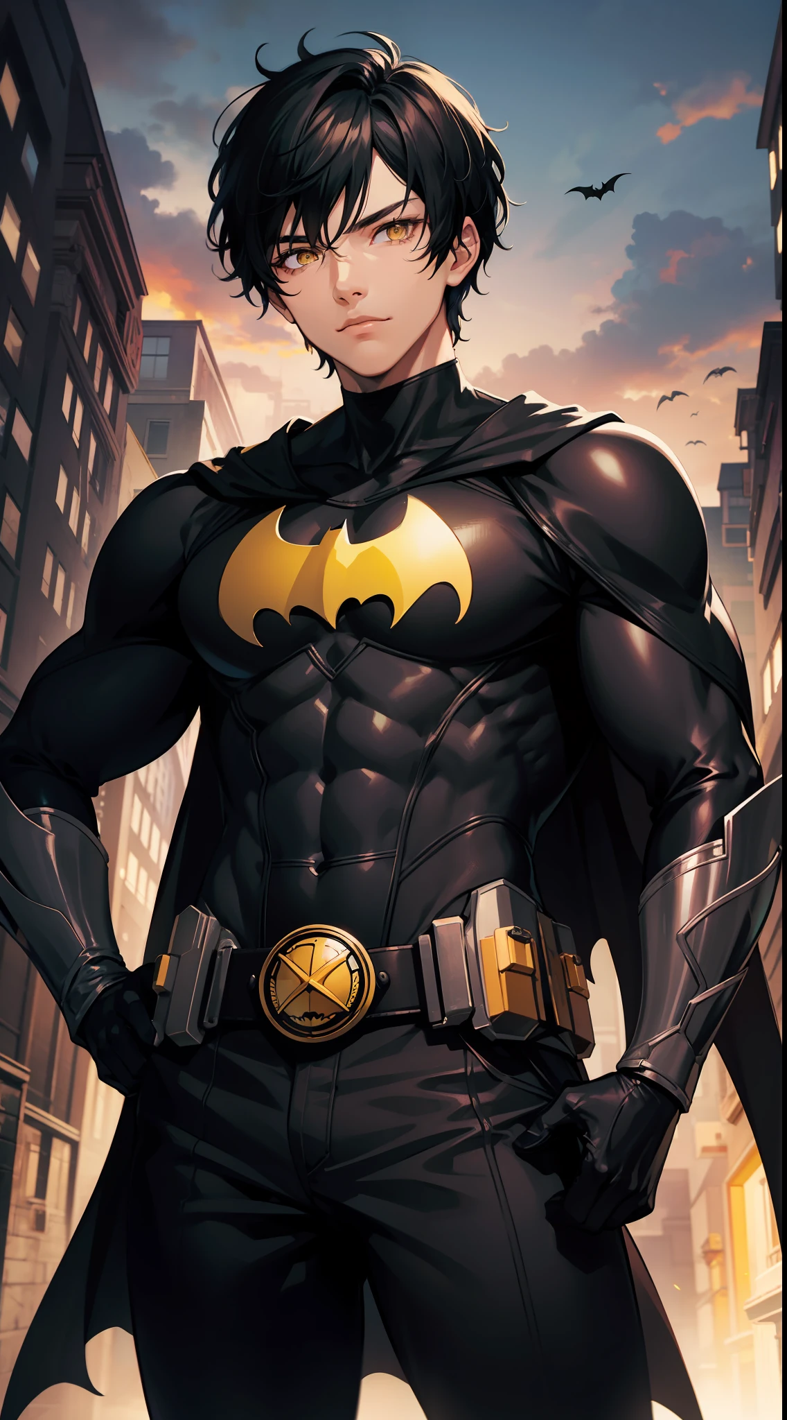 Young guy, Short black hair, Yellow eyes, Batman, Masterpiece, hiquality