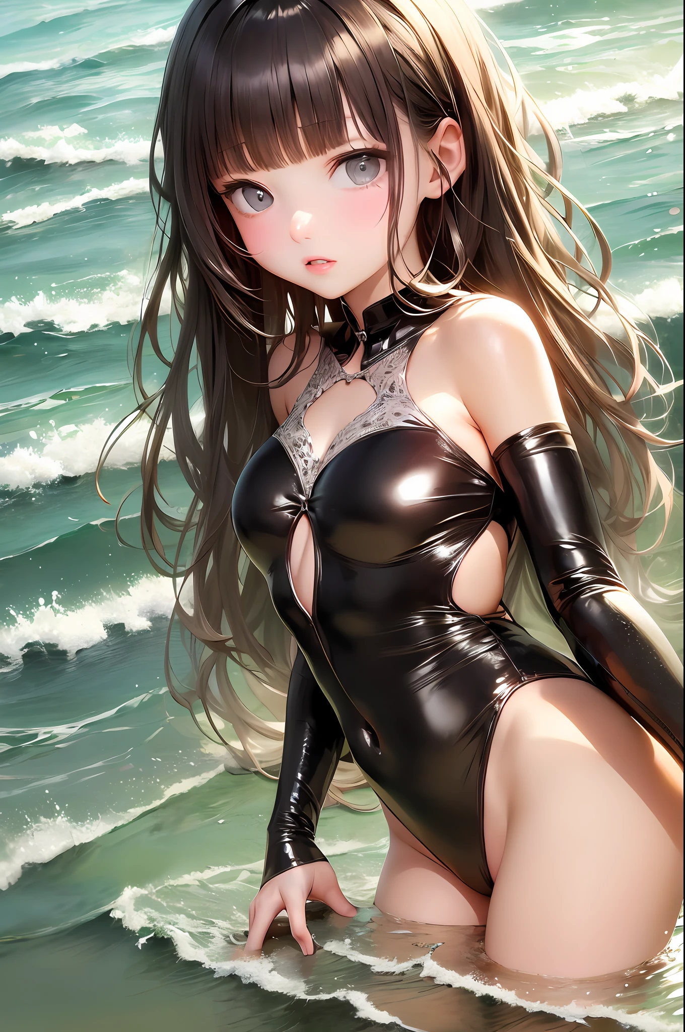 (Masterpiece:1.2), (Best quality:1.2),1 child,10years old, brightskin, beachside, Bigboobs,Young,Cocked buttocks,Moist white transparent one-piece swimsuit,Expose the groin,Camel fingers,By bangs, long whitr hair, hair straight,