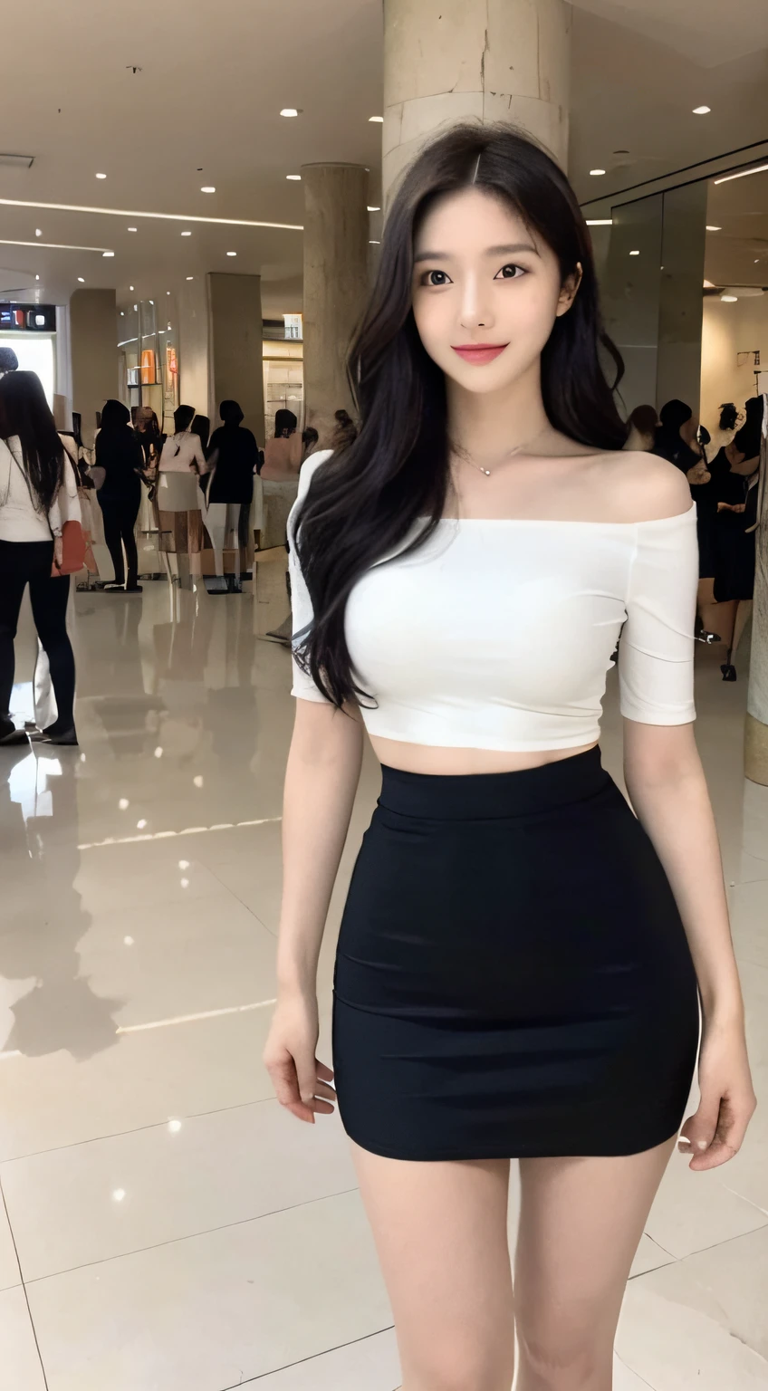 A girl of about 31 years old,simplicity,Extremely beautiful and delicate,(light make-up),Black color hair,A sweet smile,Delicate and beautiful fair skin,Realistic and realistic,exquisite and complete facial features,Detailed depiction of the face,tall nose bridge,Red lips,Beautiful, gentle and beautiful girl,Smooth hair,extremely detail hair,Feminine temperament,Fill your face light,hyper realisitc,photorealestic,8K quality,extremy detailed,Realistic details,Works of masters,Realistic to the extreme,big breasts body,Beautiful,Pure desire,Stunning beauty,Peerless beauty,Highest image quality,8K分辨率,goddes,ssmile,Fine facial features,Hair over the shoulder,A brown-haired,Large long thick legs,(((High-waisted French top))),(((short skirt))),rays of sunshine,facing at camera,The body is well-proportioned and firm,Gentle eyes,Exposing thighs,stand posture,Stand inside the mall,Full body photo