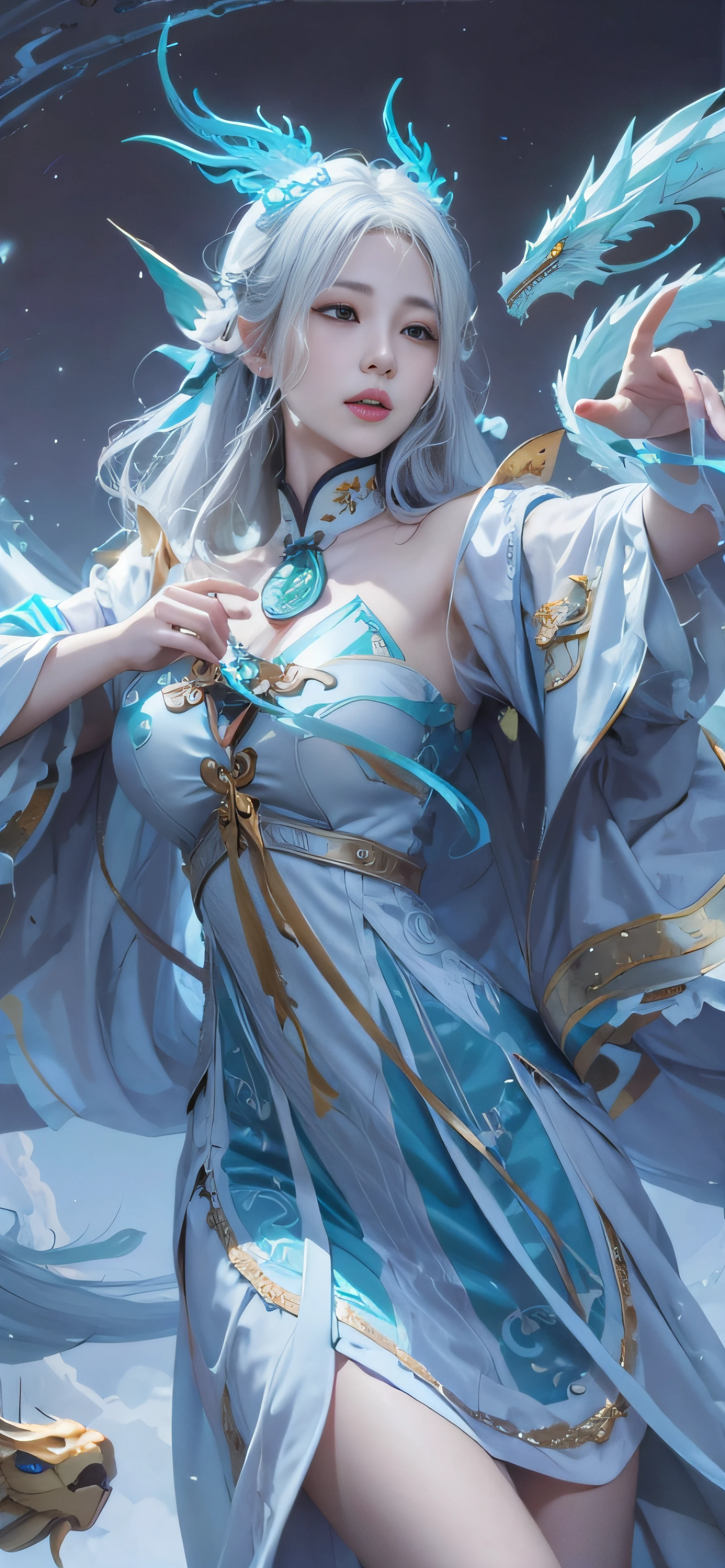 Anime girl in blue dress，There is a dragon on the shoulder, Beautiful celestial mage, Extremely detailed Artgerm, white-haired god, queen of the sea mu yanling, full-body xianxia, flowing magical robe, by Yang J, Artgerm on ArtStation Pixiv, ! Dream Artgerm, Ruan Jia and Artgerm