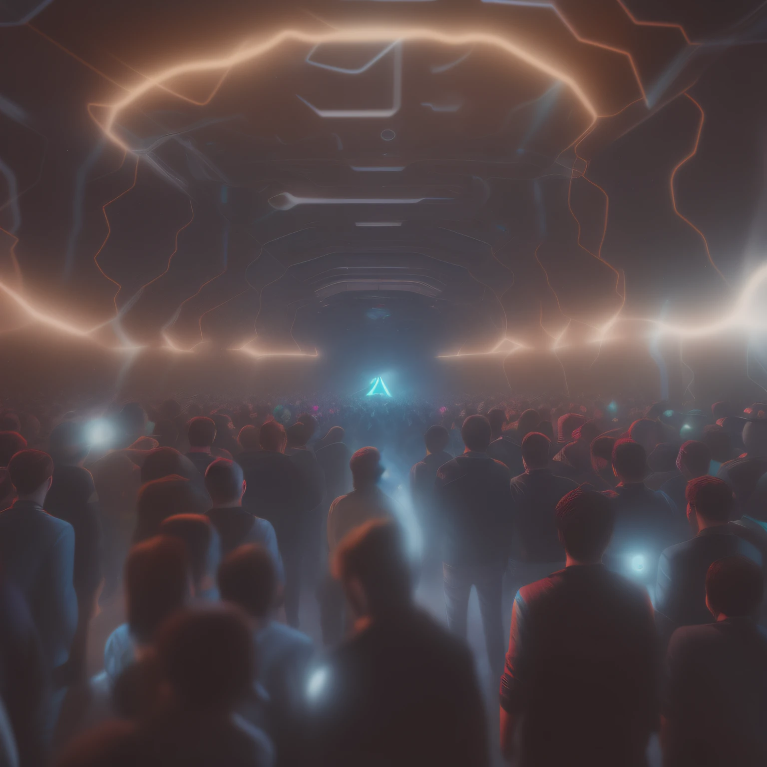 8K UHD, Raw photos from DSLRs, Photorealistic, ultra realisic, Cinematic Lightning, high detailed, High Quality , There are a lot of people standing in a room with lots of lighting, Crowds of Android, The big crowd on Android, 3 d render beeple, Beeple. octan render, style of : Beeple's Hybrid Mix, Connection with glowing tube 8K, beeple style, Beeple!!, digital art, digital art, Cinematic Beeple, A figure shining in the distance