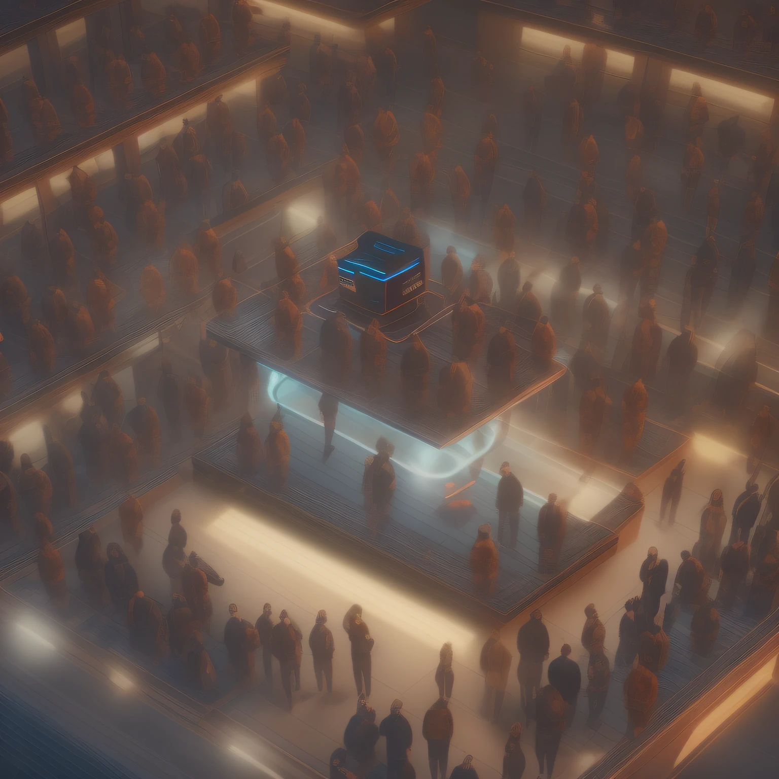 8K UHD, Raw photos from DSLRs, Photorealistic, ultra realisic, Cinematic Lightning, high detailed, High Quality , There are a lot of people standing in a room with lots of lighting, Crowds of Android, The big crowd on Android, 3 d render beeple, Beeple. octan render, style of : Beeple's Hybrid Mix, Connection with glowing tube 8K, beeple style, Beeple!!, digital art, digital art, Cinematic Beeple, A figure shining in the distance