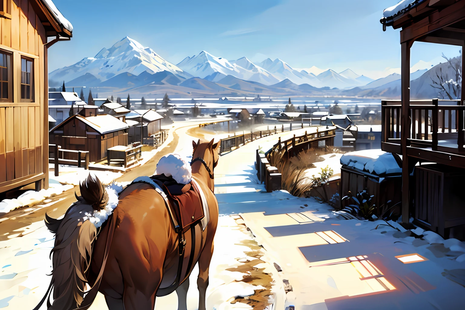 ride horse,grass field,snow mountains,lakes,suns