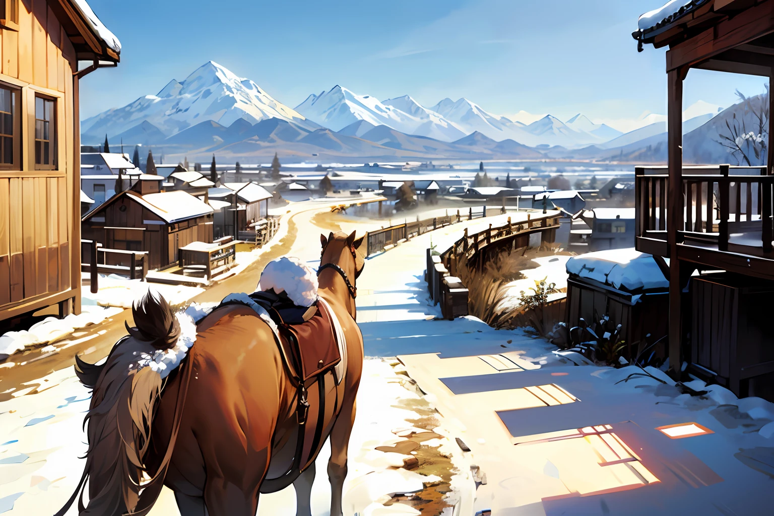 ride horse,grass field,snow mountains,lakes,suns