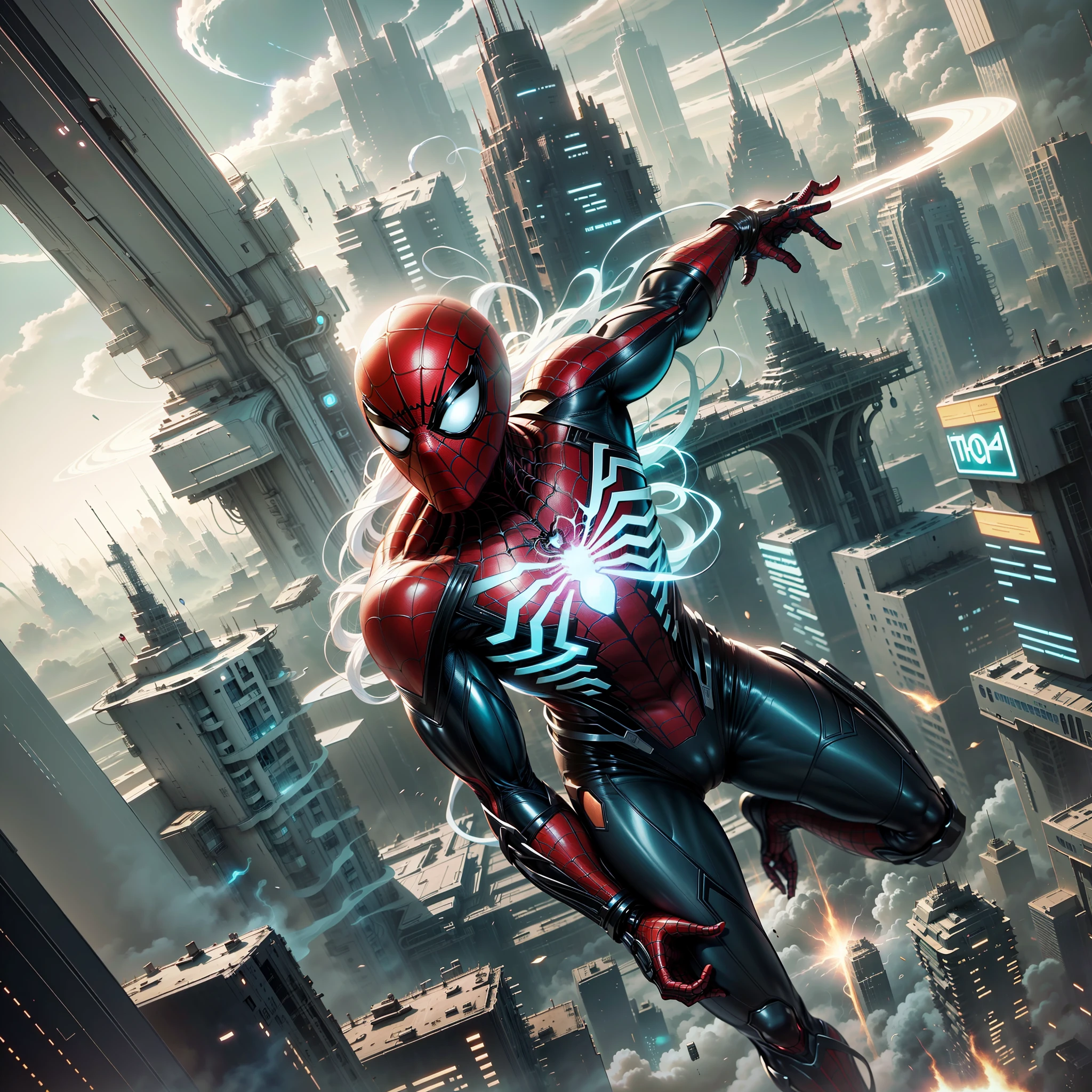 Spider-Man from Marvel Comics, Futuristic city in the background