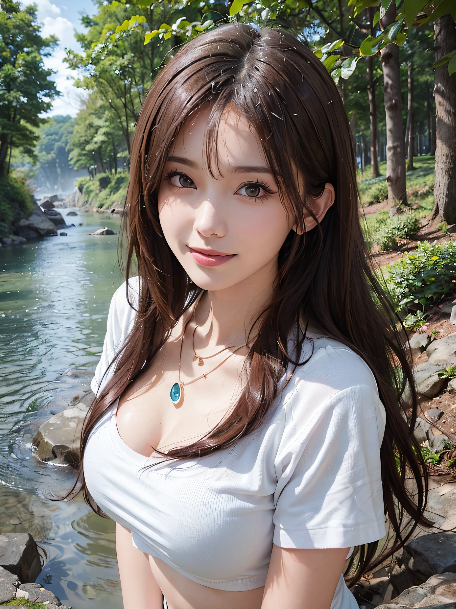 (A hyper-realistic)、(illustratio)、(hight resolution)、(8k picture)、(ighly detailed)、(Best Illustration)、(beautifully detailed eyes)、(top-quality)、(ultra-detailliert)、(masterpiece)、(wall-paper)、(A detailed face)、独奏、1人、fullbody image、(Burst breasts:1.3)、cloudy ash sky、Sateen、Eau、White T-shirt、Wet shirt、Wet hair、Wet skin、female idol、Eyes on the viewer、Detailed eyes and mouth、A detailed face、lowkey、pureerosfaceace_v1、Happy smiling face、Brown hair、bangss、Beautiful teeth alignment、Blushing cheeks、constricted hips、skinny thigh、Watching from above、a necklace、耳Nipple Ring、Bracelet、Clean lake、the woods、a river、teats、cloudy ash sky、Sateen、