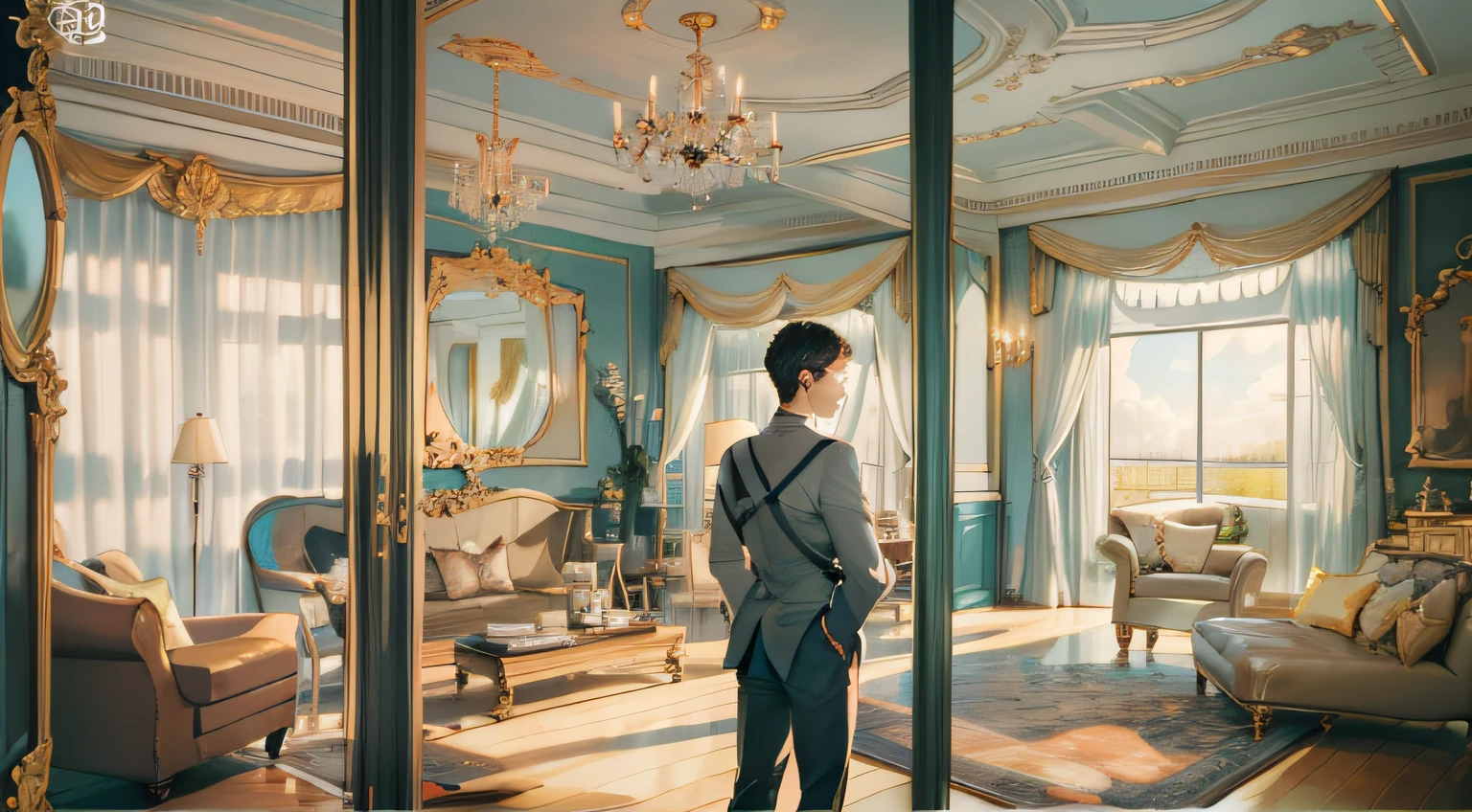 In a modern room，A man holds a selfie stick，Standing in front of the mirror and broadcasting yourself live。He was smiling，The eyes reveal confidence and vitality。The rooms have stylish furniture and decorations，It creates a stylish and comfortable atmosphere。Sunlight shone on him through the windows，It adds a touch of warmth to the whole scene。The style is photography，using a wide angle lens，The focal length is 24mm，to capture the details of the room and the confident image of the man。
