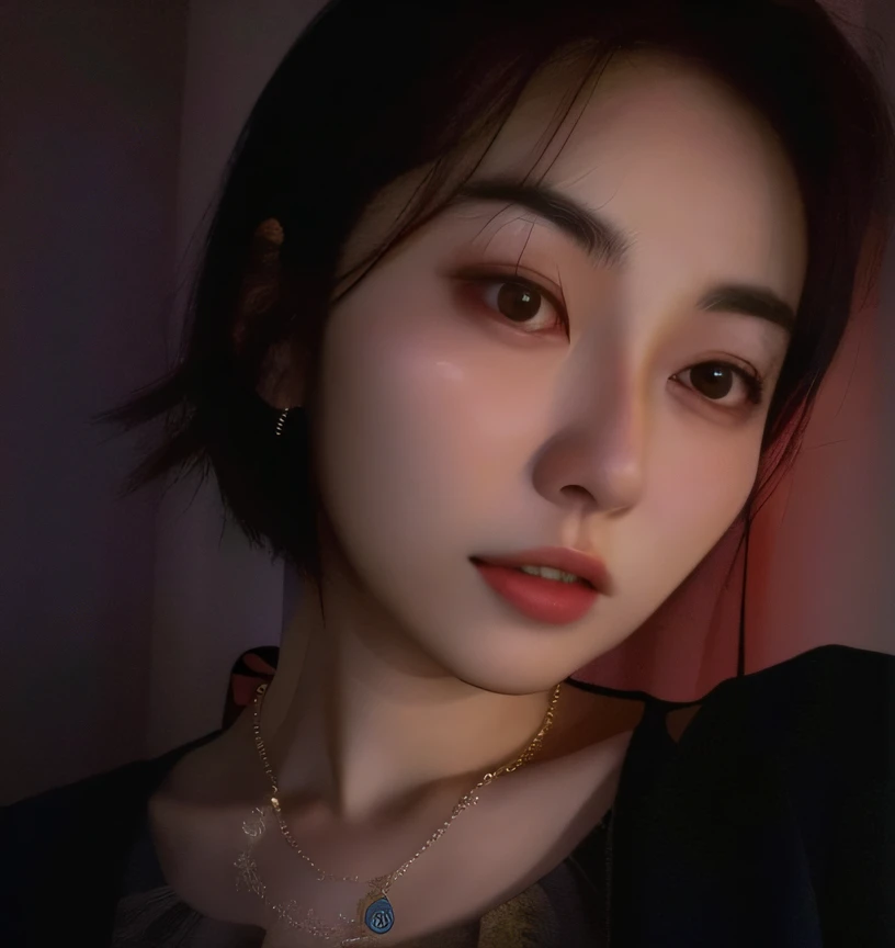 Arafard image of a woman wearing a necklace and necklace, face bright, Choi Hyun-hwa, song hye - kyo, with round face, sun yunjoo, personal profile picture, lofi portrait, Glowing face, Shin Jinying, with short hair, pale round face, 8k selfie photograph, round cheeks, Profile image, ulzzangs --auto