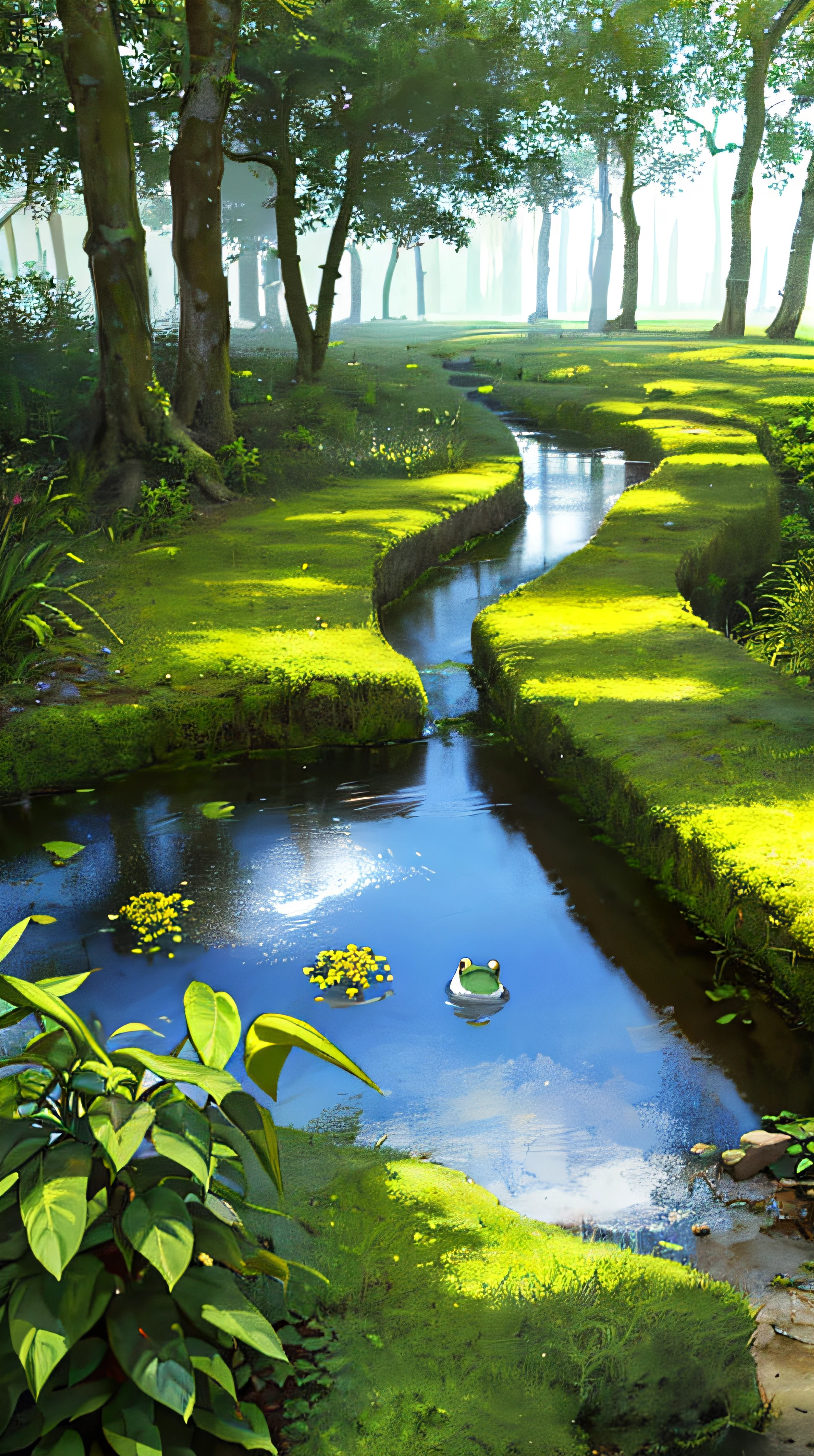 (highest quality)), (no photos of people), in the woods, frogs, quiet ponds, lots of wildflowers, streams, stones, moss,