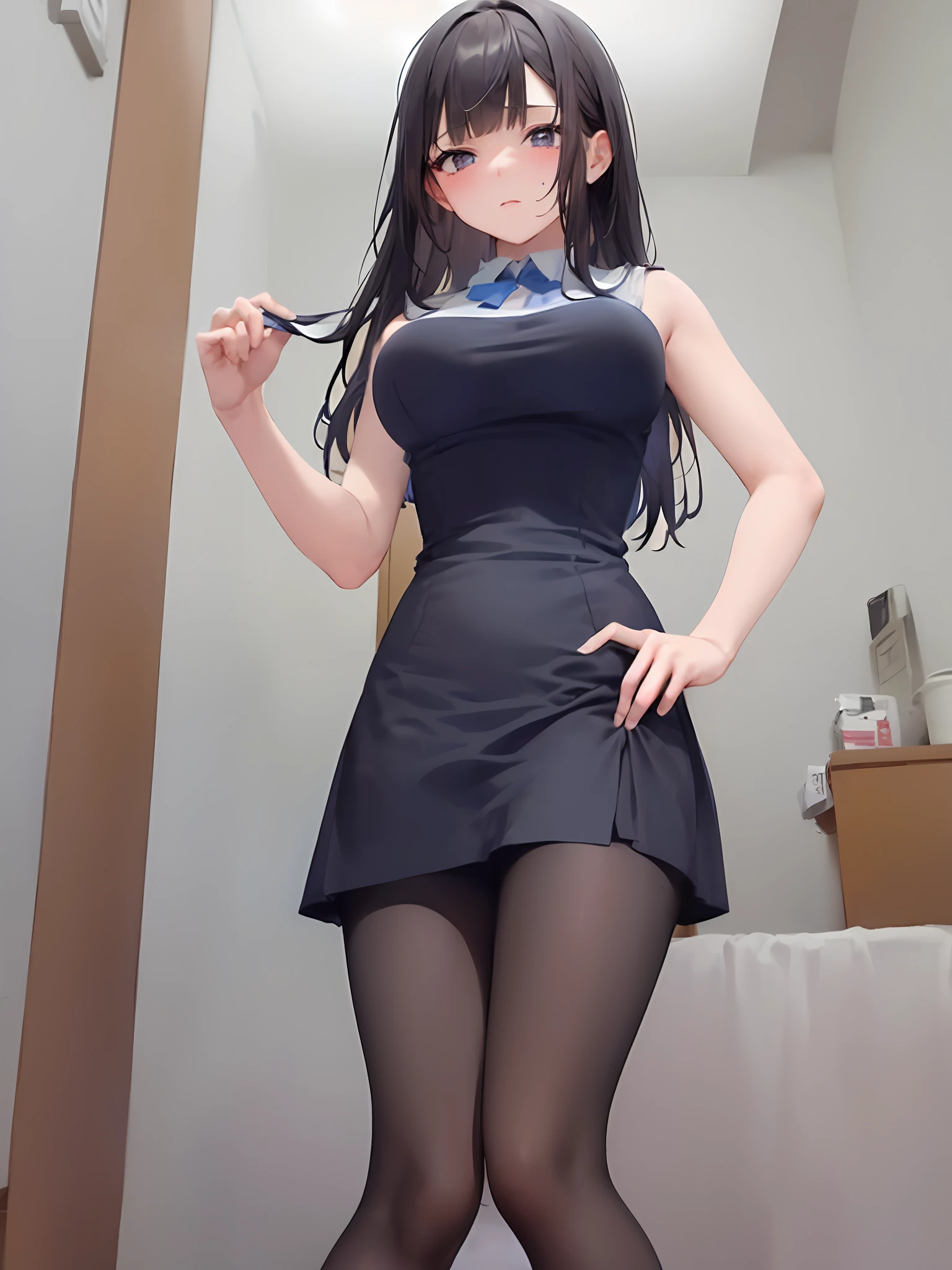 ((Kawaii dress, Miniskirt, Pantyhose Tights, Feminine, 1 girl,solo,Medium large breasts: 1.2)), Beautiful, Seductive, Beauty, Black Hair,Waist Length Hair,Long Hair,Blunt Bangs,Well-Groomed Fingers,Embarrased,Blushing,18 years old, (girl is peeing self:1.1)