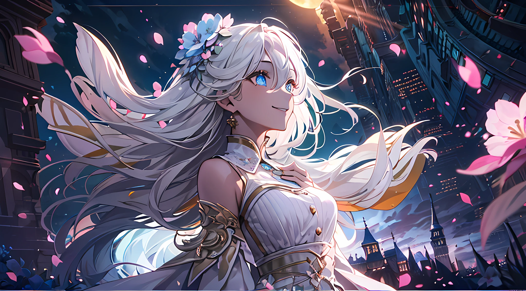 masterpiece, best quality, 1girl, (colorful),(finely detailed beautiful eyes and detailed face),cinematic lighting,bust shot,extremely detailed CG unity 8k wallpaper,white hair,solo,smile,intricate skirt,((flying petal)),(Flowery meadow) sky, cloudy_sky, building, moonlight, moon, night, (dark theme:1.3), light, fantasy,