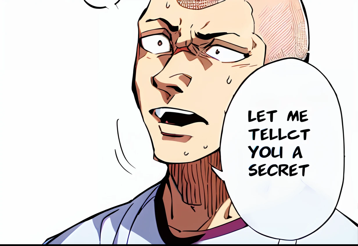 a anime of a man, bald, white shirt, open mouth, sweat, sweatdrop, text bubble speech, color manga, manga color, color manga, color manga panel, simple background, a white background