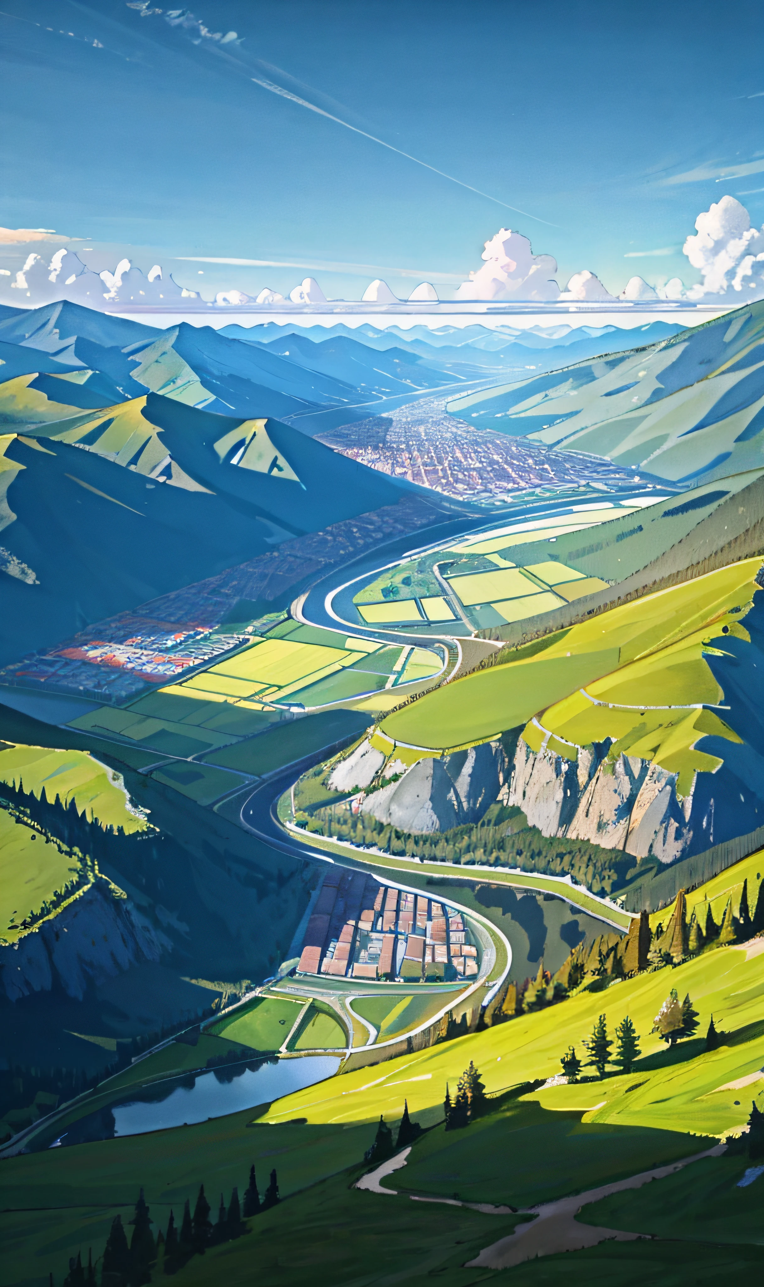 The rivers between the mountains and forests flow gently, and the detailed background rendering of the scenery is a masterpiece. Under the extreme picture quality, the sun gathers into a large aperture during the day, and the clouds are leisurely, looking up at the sky.
