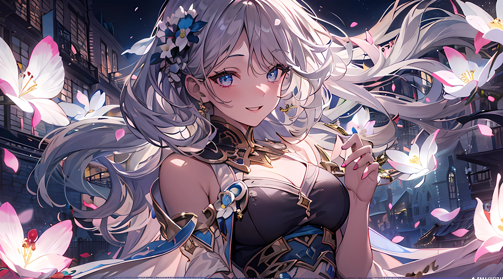 masterpiece, best quality, 1girl, (colorful),(finely detailed beautiful eyes and detailed face),cinematic lighting,bust shot,extremely detailed CG unity 8k wallpaper,white hair,solo,smile,intricate skirt,((flying petal)),(Flowery meadow) sky, cloudy_sky, building, moonlight, moon, night, (dark theme:1.3), light, fantasy,