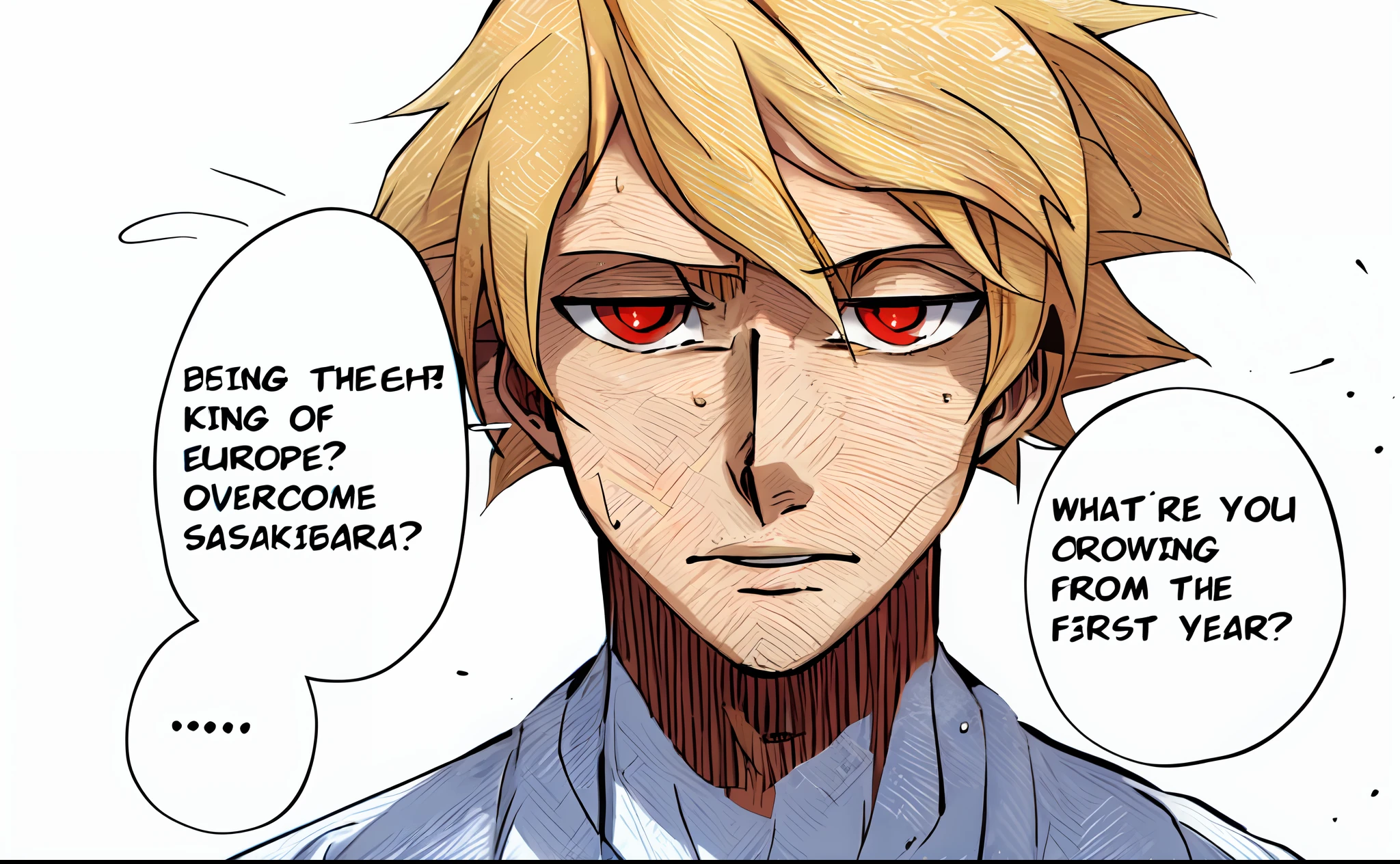 a anime of a man with blonde hair, close up, red eyes, white shirt, sweat, sweatdrop, lazy eyes, text bubble speech, color manga, manga color, color manga, color manga panel, simple background, a white background