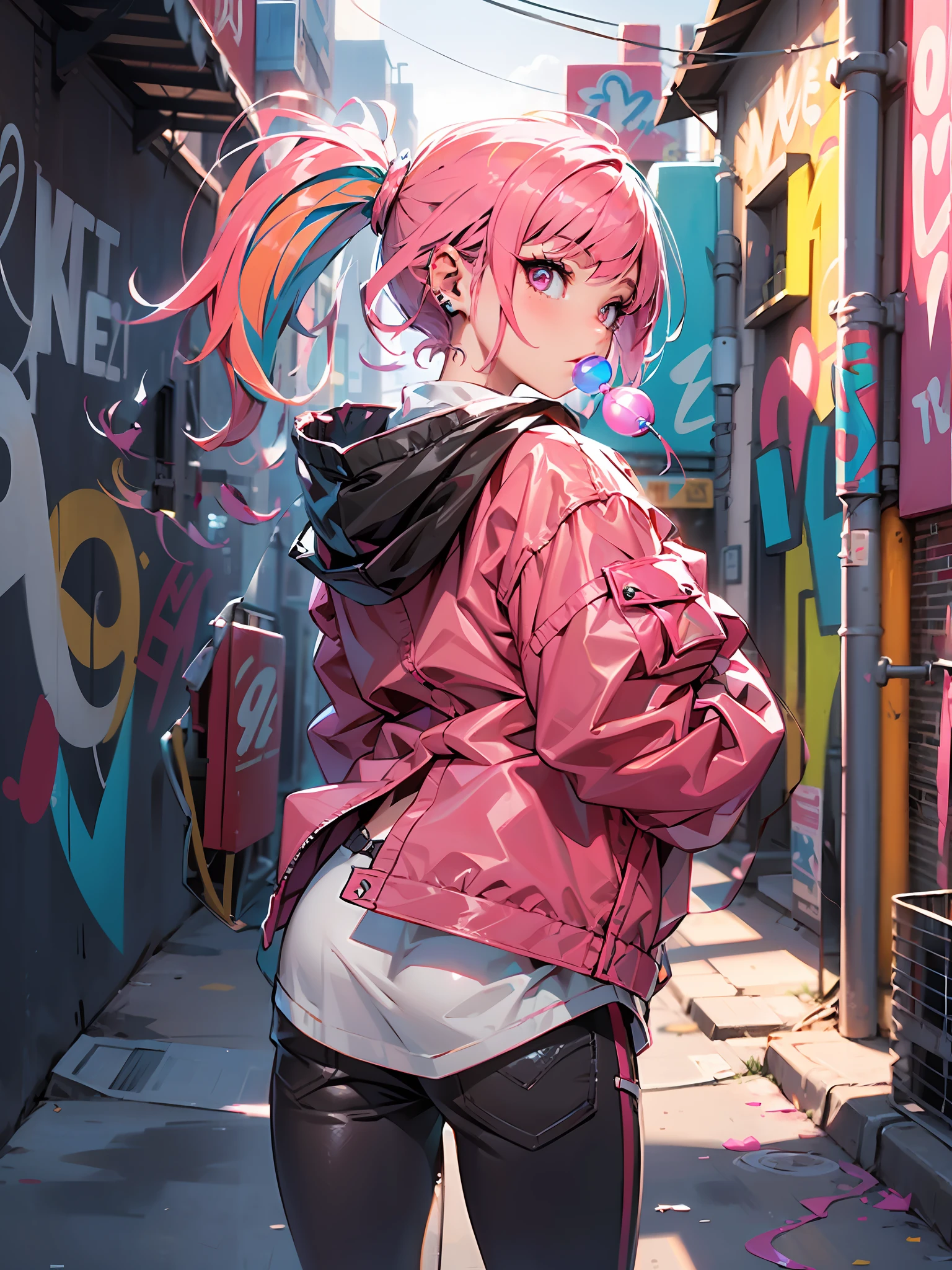 A young girl with pink hair, blowing bubblegum, behind her hands, back to camera, looking back at the camera